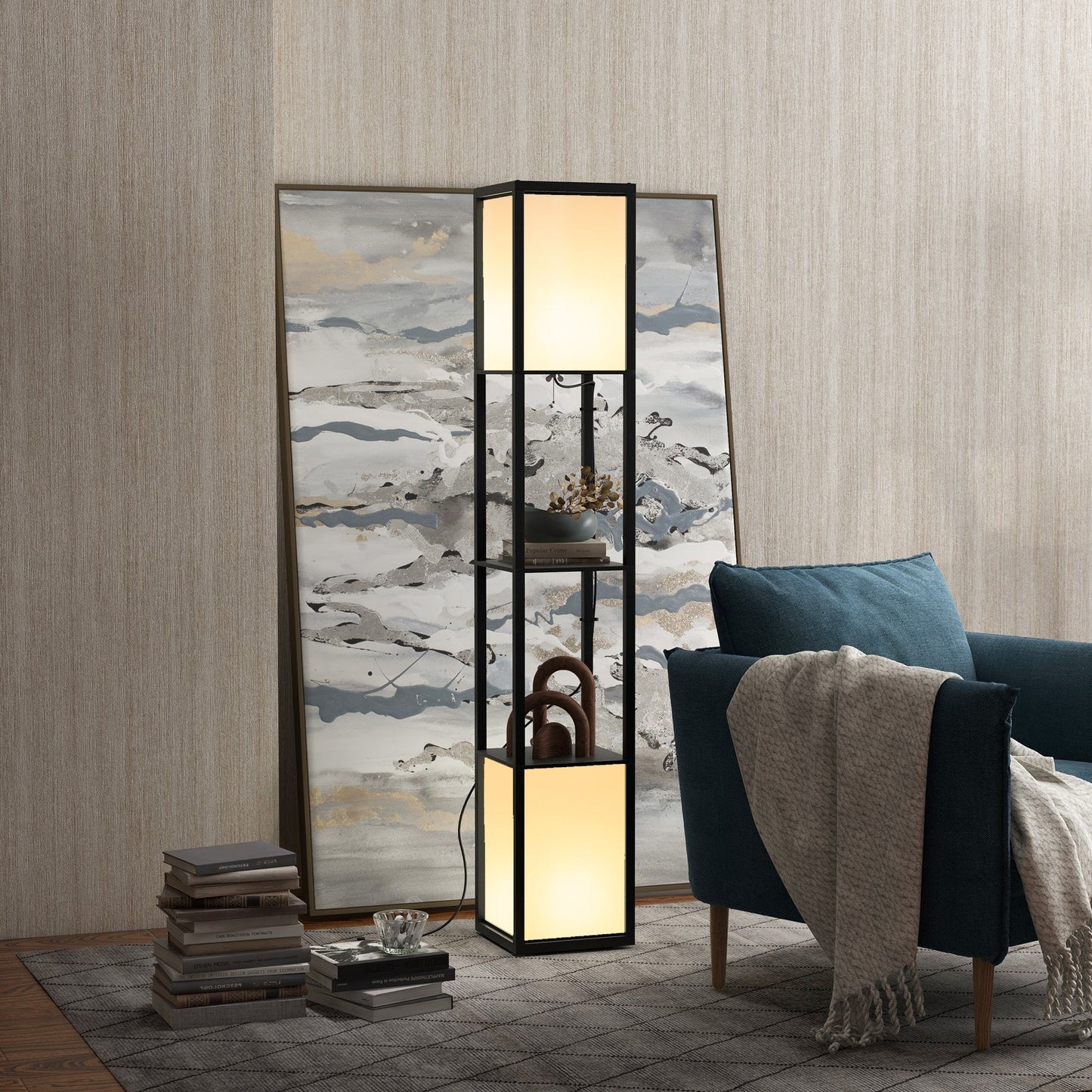 HOMCOM Floor Lamp with Shelves and Dual Light, Modern Corner Standing Lamp for Living Room, Bedroom, Bulb not Included, Black