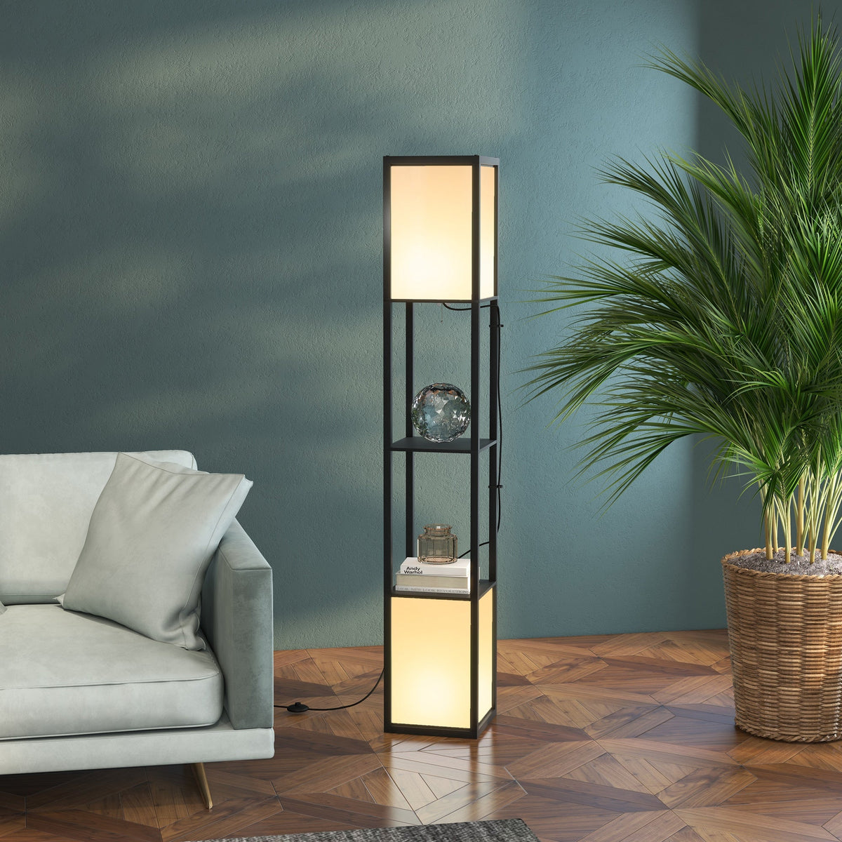 HOMCOM Floor Lamp with Shelves and Dual Light, Modern Corner Standing Lamp for Living Room, Bedroom, Bulb not Included, Black