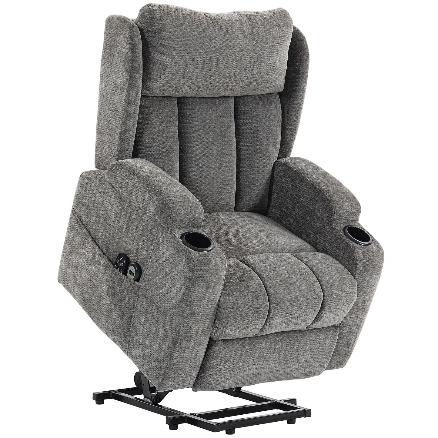 Power Lift Recliner Chair with Vibration Massage and Heat, Chenille Riser and Recliner Armchair for Elderly with Folding Headrest, Spring Cushion, Wide and High Back, Cup Holders, Remote, Grey
