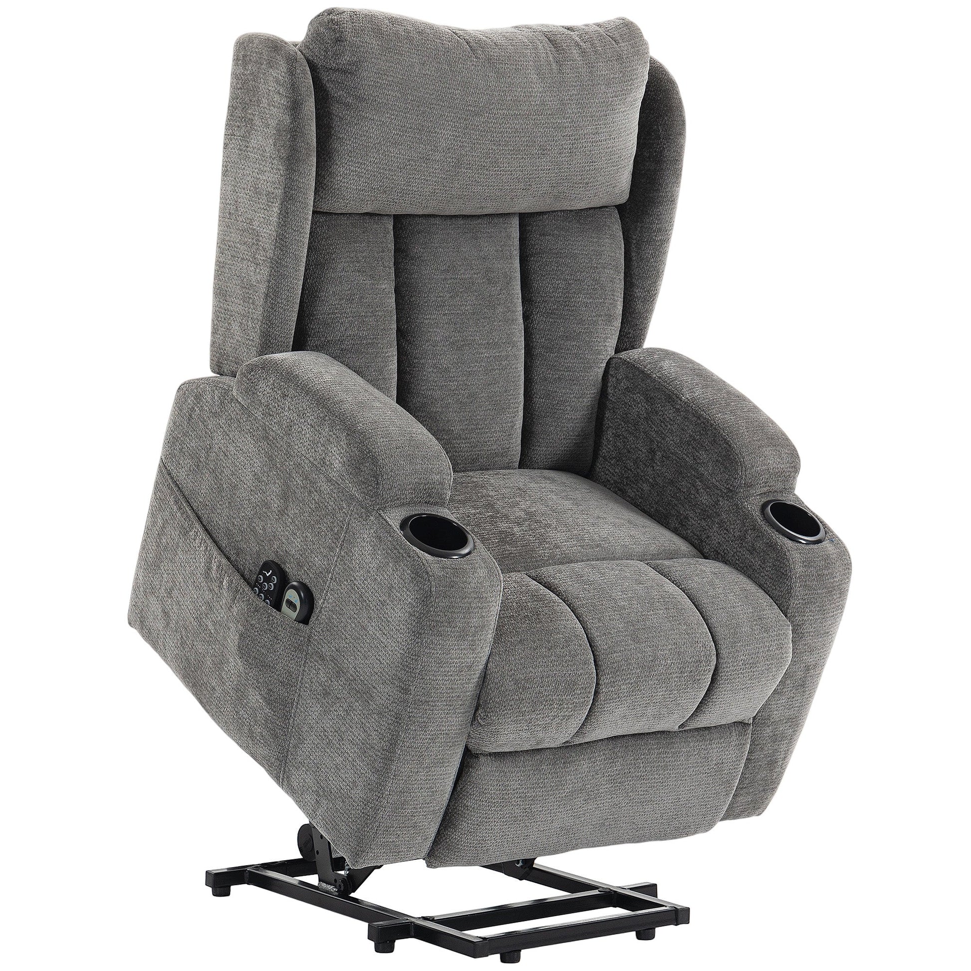 Power Lift Recliner Chair with Vibration Massage and Heat, Chenille Riser and Recliner Armchair for Elderly with Folding Headrest, Spring Cushion, Wide and High Back, Cup Holders, Remote, Grey