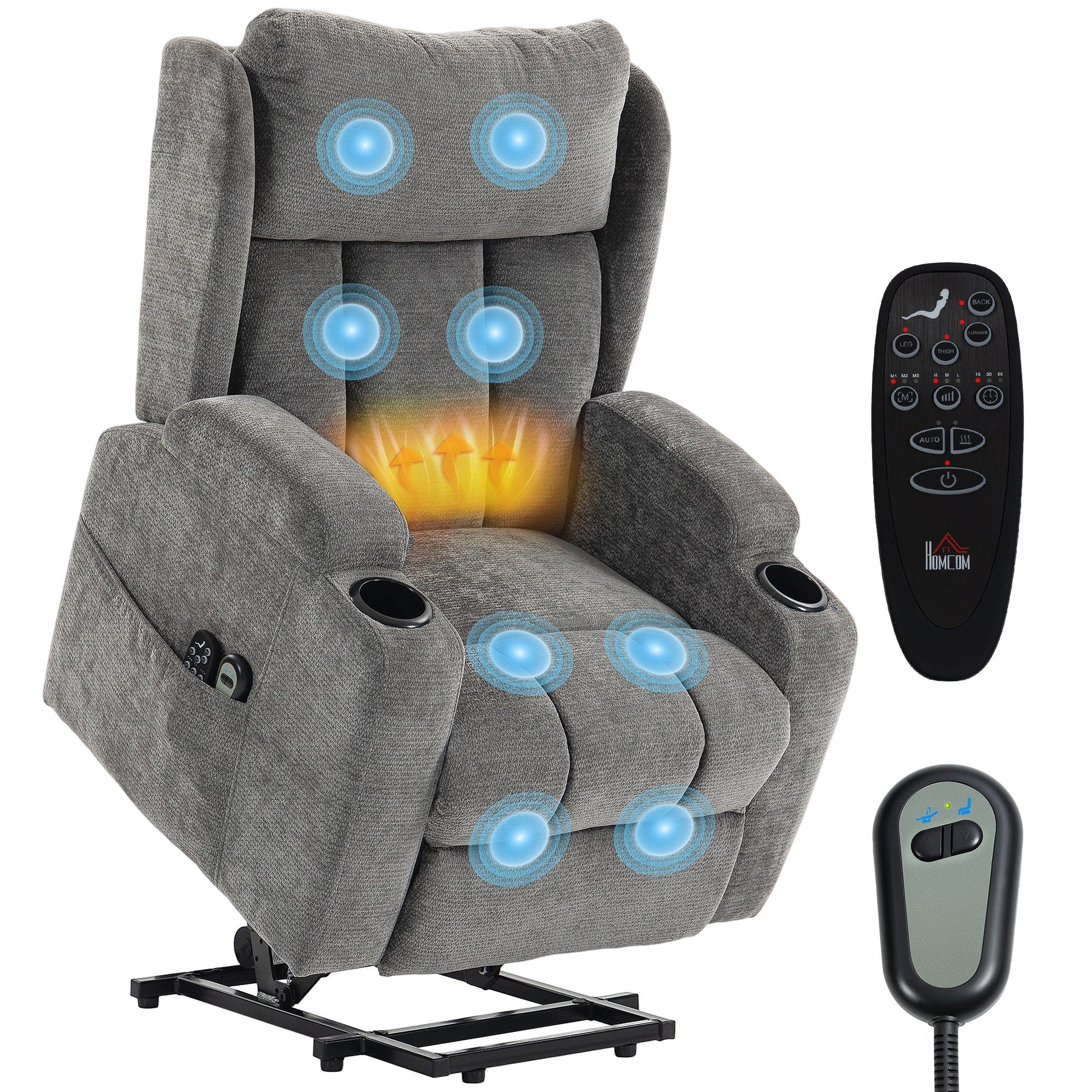 Power Lift Recliner Chair with Vibration Massage and Heat, Chenille Riser and Recliner Armchair for Elderly with Folding Headrest, Spring Cushion, Wide and High Back, Cup Holders, Remote, Grey