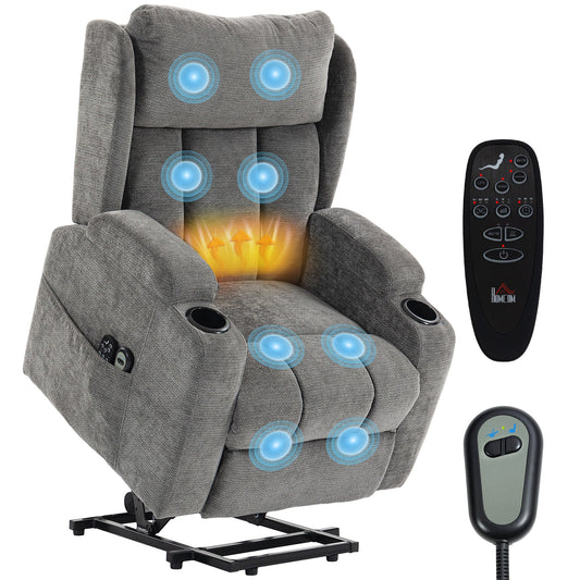 Power Lift Recliner Chair with Vibration Massage and Heat, Chenille Riser and Recliner Armchair for Elderly with Folding Headrest, Spring Cushion, Wide and High Back, Cup Holders, Remote, Grey