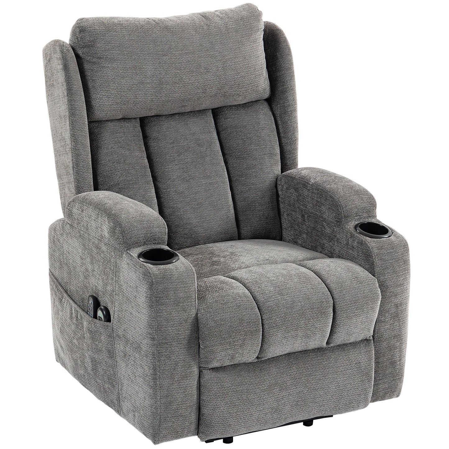 Power Lift Recliner Chair with Vibration Massage and Heat, Chenille Riser and Recliner Armchair for Elderly with Folding Headrest, Spring Cushion, Wide and High Back, Cup Holders, Remote, Grey
