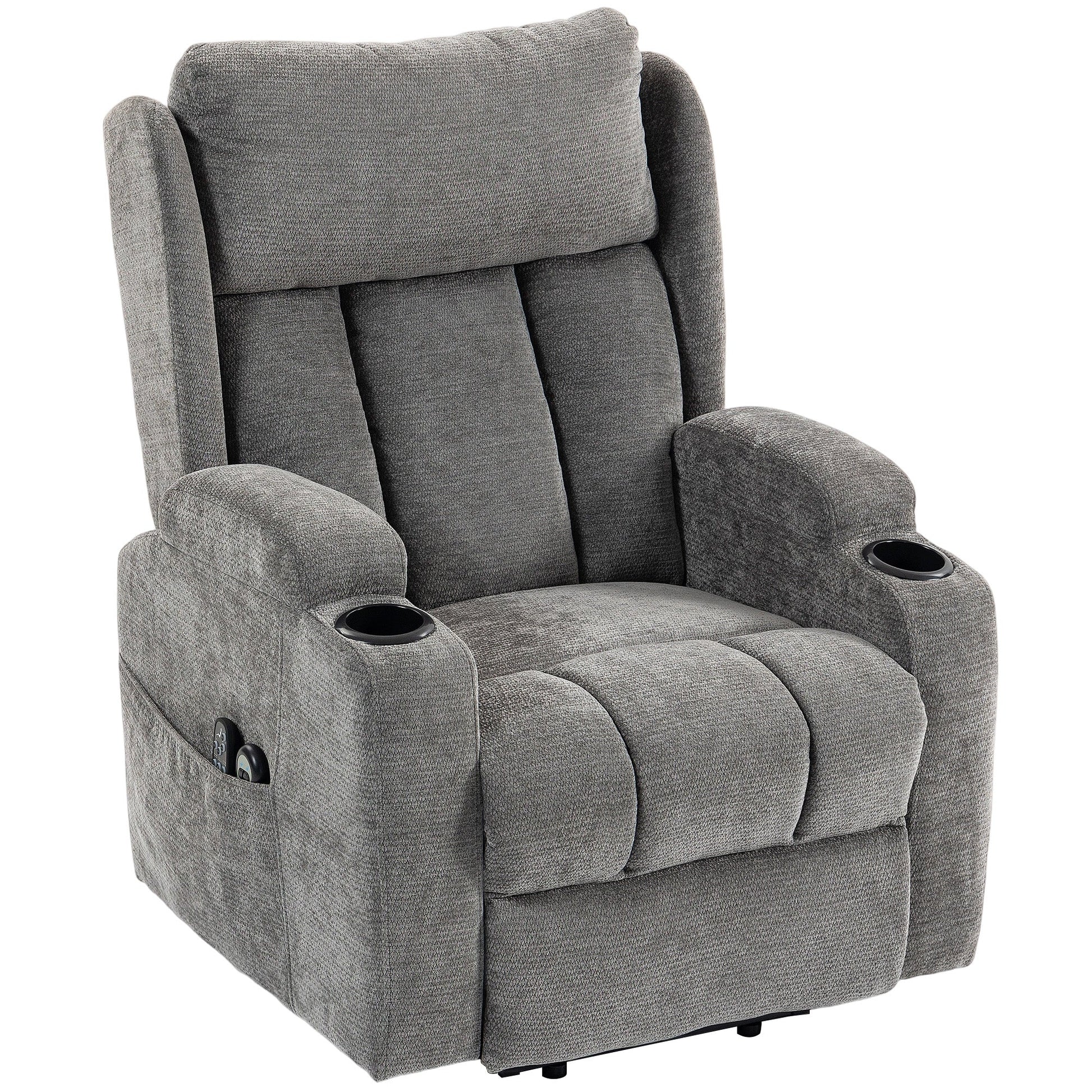 Power Lift Recliner Chair with Vibration Massage and Heat, Chenille Riser and Recliner Armchair for Elderly with Folding Headrest, Spring Cushion, Wide and High Back, Cup Holders, Remote, Grey
