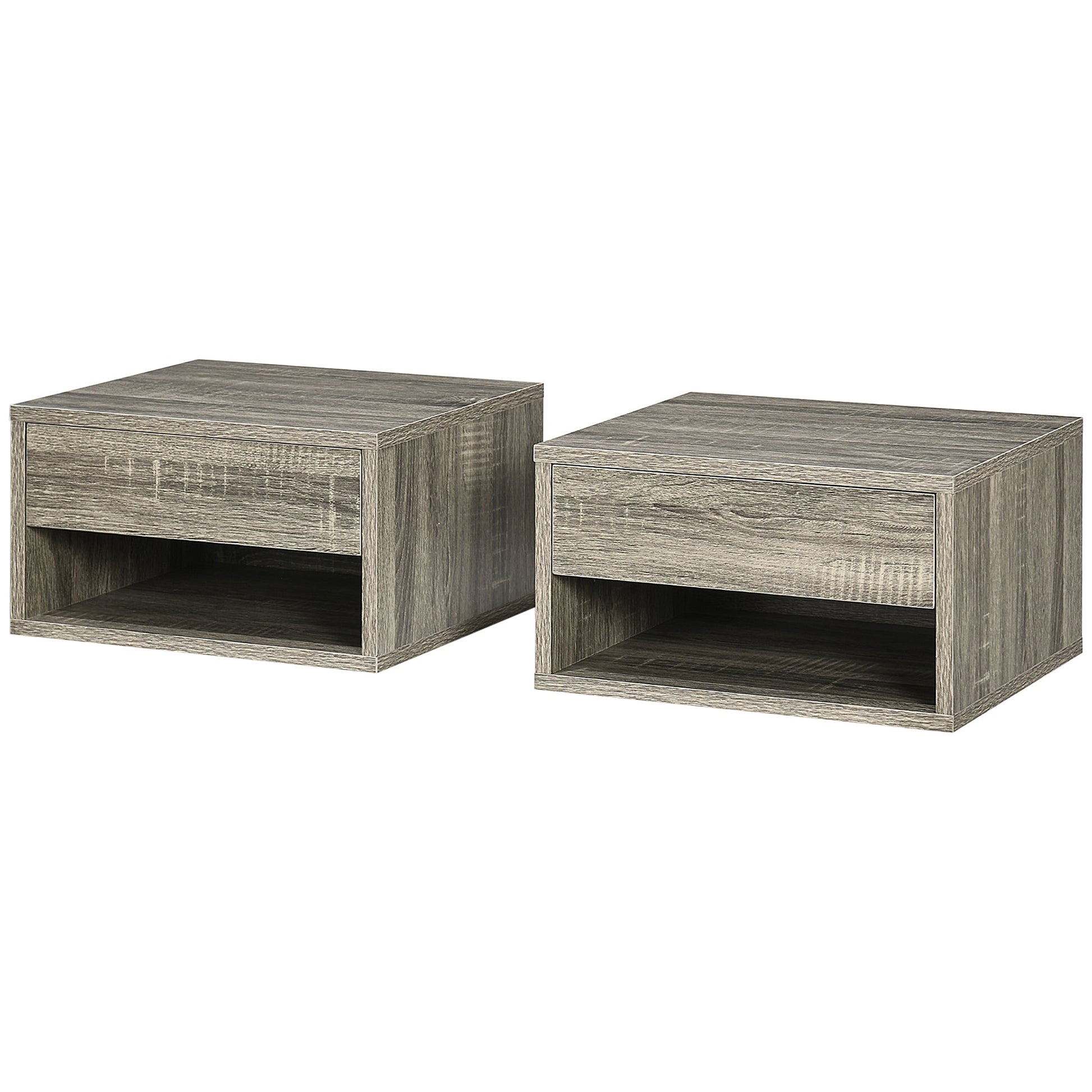 HOMCOM Floating Bedside Table Set of 2 Wall Mounted Nightstand with Storage Drawer and Open Shelf for Bedroom, Weathered Brown Wood-Effect