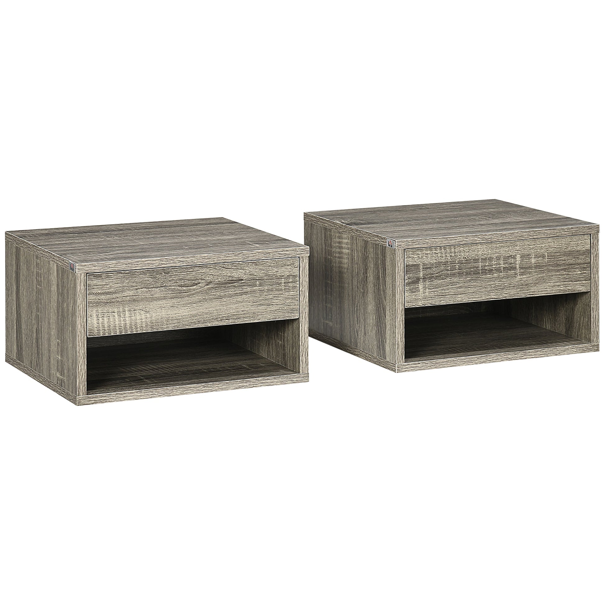 HOMCOM Floating Bedside Table Set of 2 Wall Mounted Nightstand with Storage Drawer and Open Shelf for Bedroom, Weathered Brown Wood-Effect