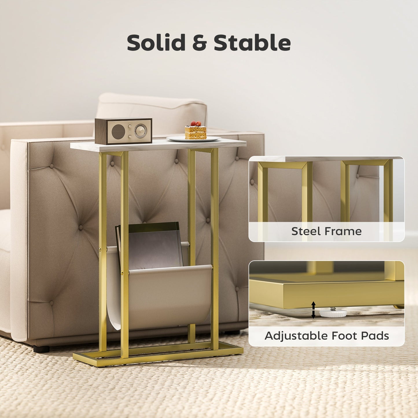 Narrow Side Table, Slim End Table with Magazine Holder, Modern Nightstand for Small Spaces, Living Room, Bedroom, 45 x 18 x 58.5 cm, White Marble Grain