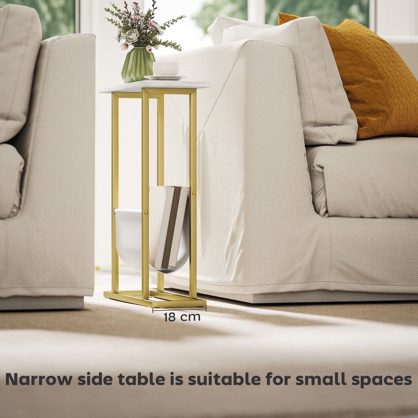 Narrow Side Table, Slim End Table with Magazine Holder, Modern Nightstand for Small Spaces, Living Room, Bedroom, 45 x 18 x 58.5 cm, White Marble Grain