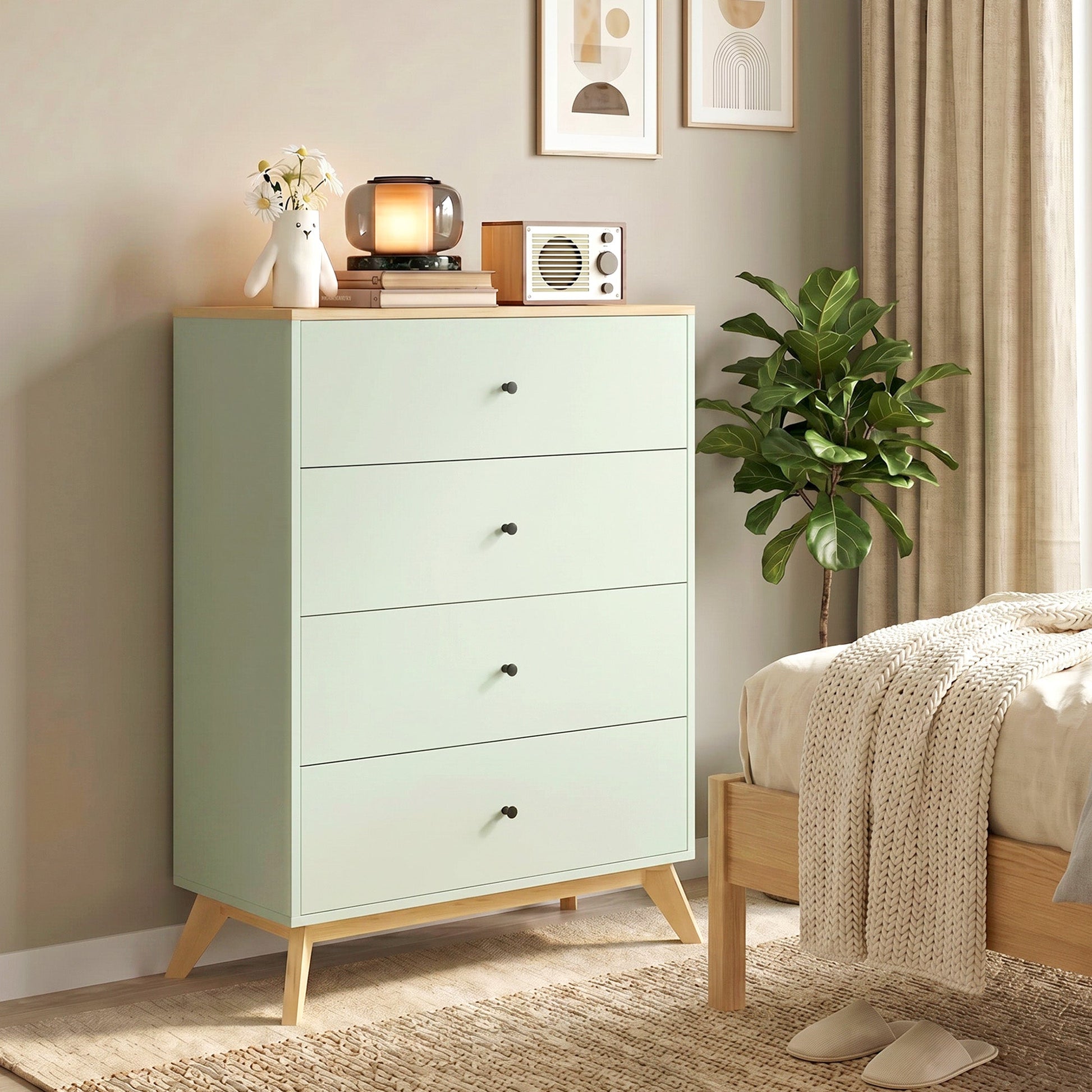 Chest of Drawers, 4 Drawer Storage Cabinet Floor Tower Cupboard for Bedroom Living Room, Light Green and Oak
