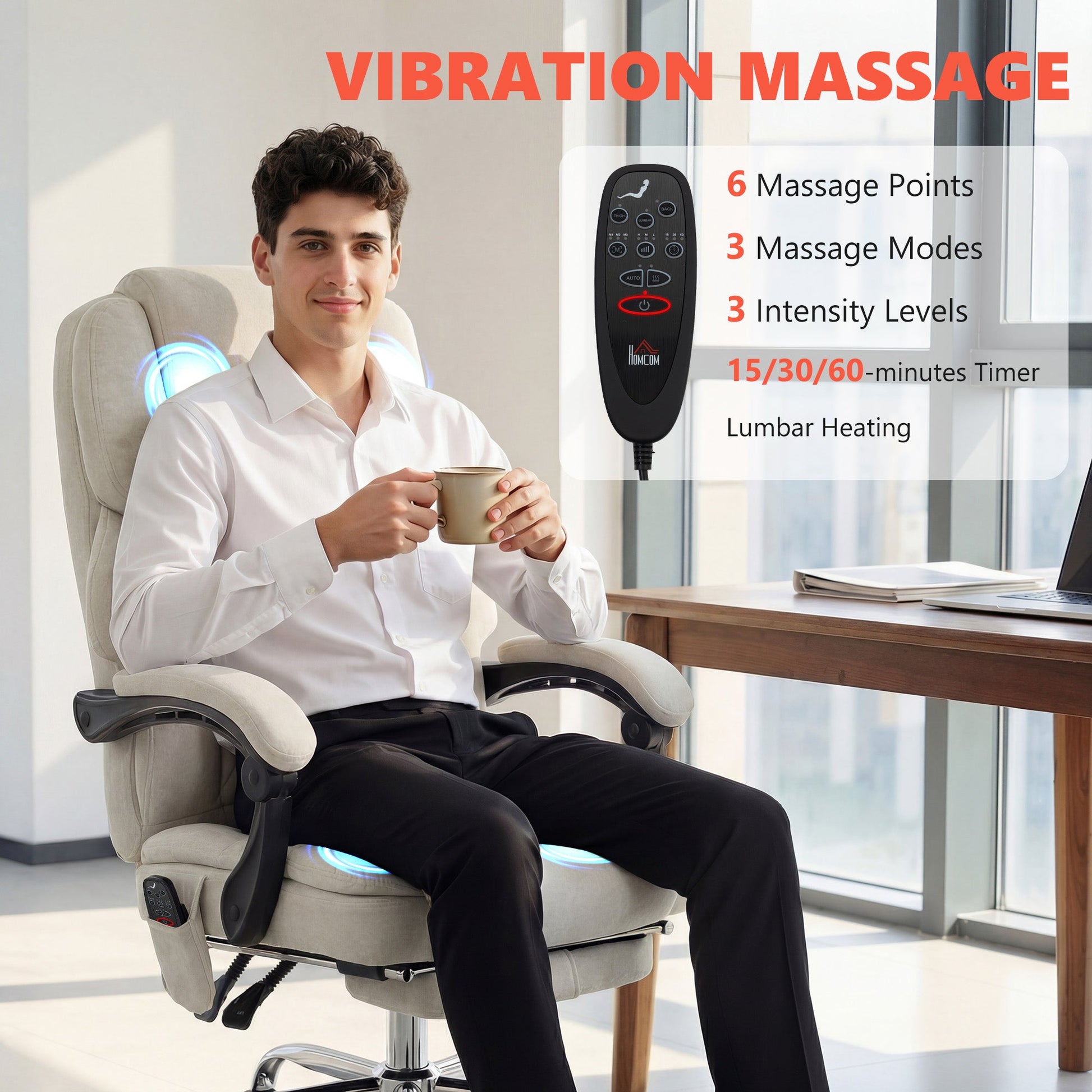 Office Chair with 6-point Vibration Massage and Heat, Velvet-feel Fabric Desk Chair with Footrest, Linkage Armrests, High Back, Adjustable Height, 135° Reclining for Home Office, Cream White