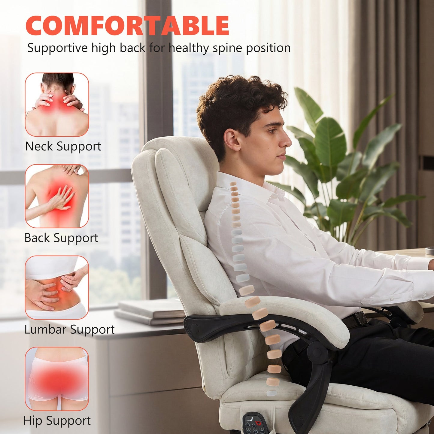 Office Chair with 6-point Vibration Massage and Heat, Velvet-feel Fabric Desk Chair with Footrest, Linkage Armrests, High Back, Adjustable Height, 135° Reclining for Home Office, Cream White