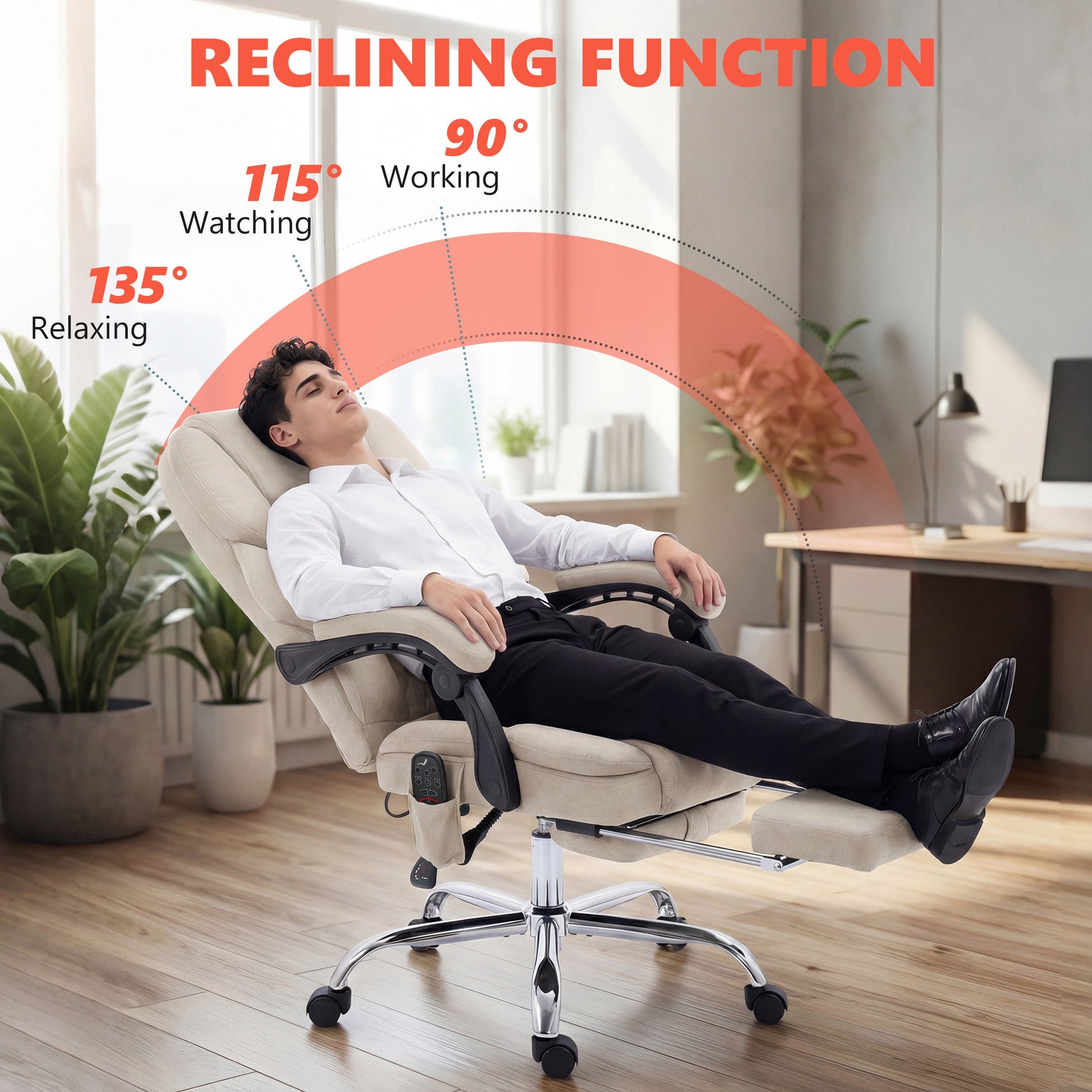 Office Chair with 6-point Vibration Massage and Heat, Velvet-feel Fabric Desk Chair with Footrest, Linkage Armrests, High Back, Adjustable Height, 135° Reclining for Home Office, Cream White