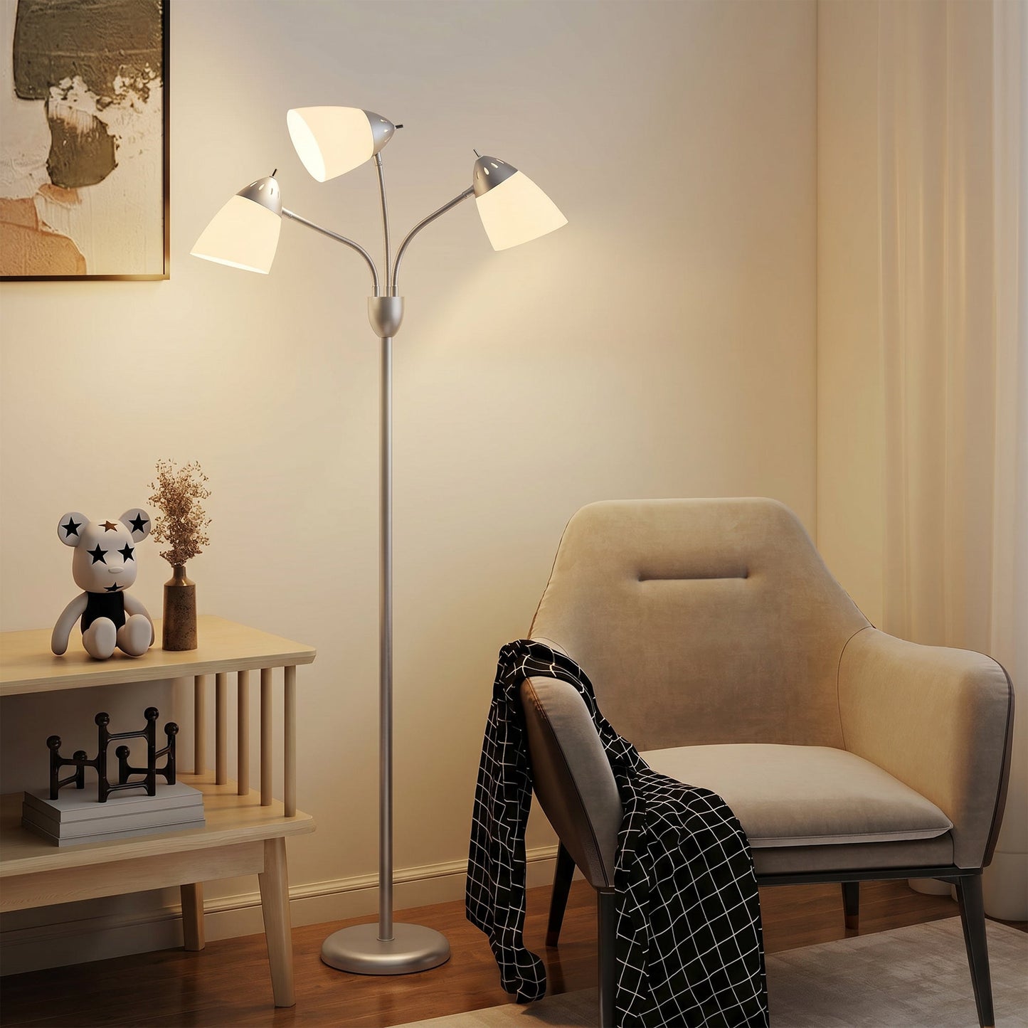 Arc Tree Floor Lamp with 3 Adjustable Rotating Lights and 3000K/4500K/6500K Colour Temperatures, Industrial Standing Lamp with Steel Frame for Bedroom Living Room, 155cm, Silver Tone