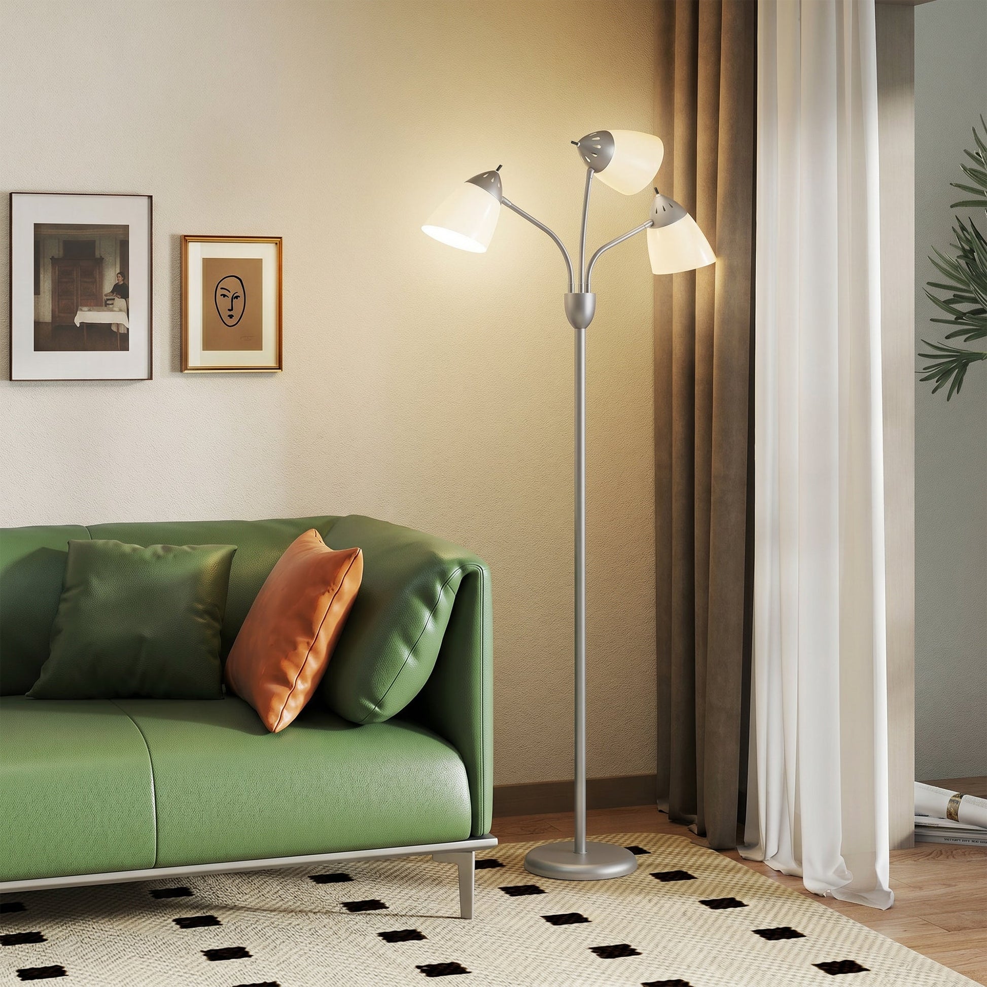 Arc Tree Floor Lamp with 3 Adjustable Rotating Lights and 3000K/4500K/6500K Colour Temperatures, Industrial Standing Lamp with Steel Frame for Bedroom Living Room, 155cm, Silver Tone