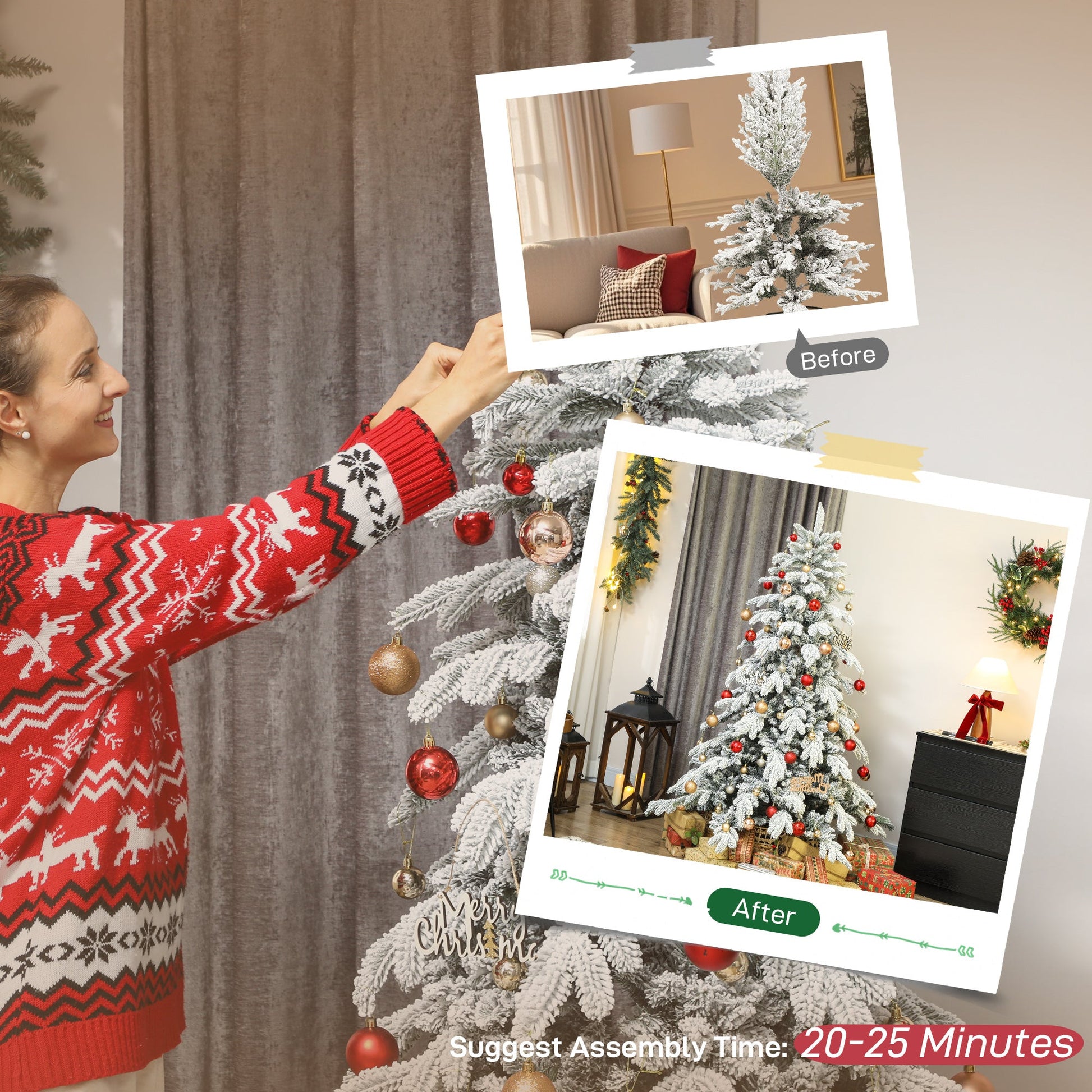 6ft Artificial Christmas Tree, Snow Flocked Christmas Tree with Realistic Dense Branches, Hinged Design, Metal Stand, Wide Shape, Easy Assembly, Xmas Home Decoration, Green White