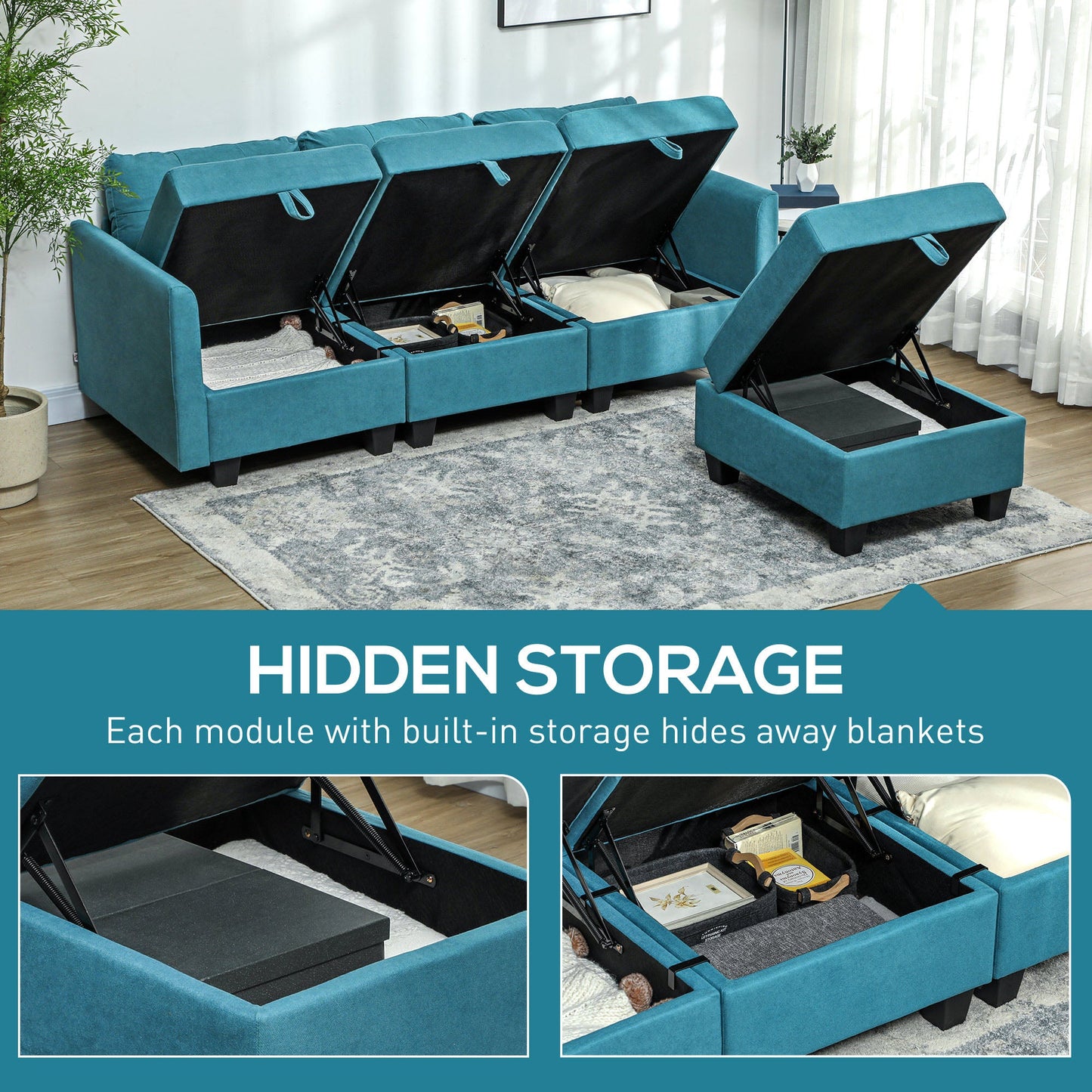 HOMCOM Convertible Modular Sectional Sofa with Storage, Tufted 3 Seater Sofa Set, L Shaped Sofa Couch with Ottoman, Wood Frame for Living Room, Light Blue
