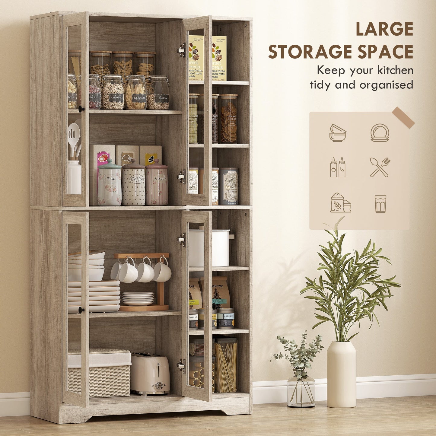 172 cm Tall Kitchen Cupboard, Pantry Storage Cabinet with Tempered Glass Doors and Soft-Close Hinges, Freestanding Kitchen Cabinet with Adjustable Shelves and 6 Open Shelves, Light Grey