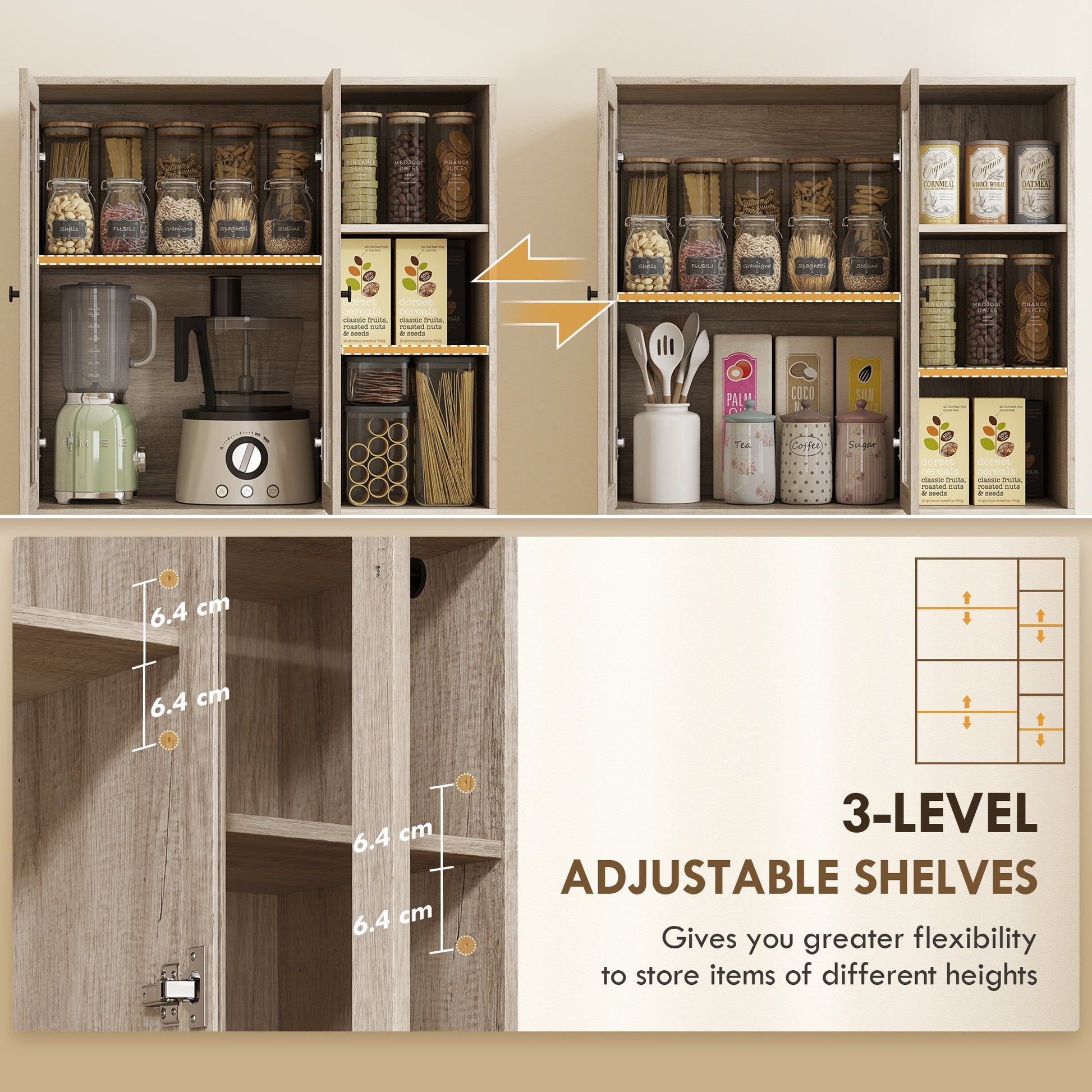 172 cm Tall Kitchen Cupboard, Pantry Storage Cabinet with Tempered Glass Doors and Soft-Close Hinges, Freestanding Kitchen Cabinet with Adjustable Shelves and 6 Open Shelves, Light Grey