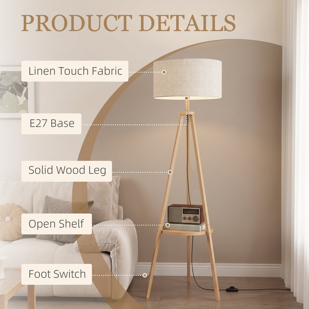 Tripod Floor Lamp, Freestanding Bedside Reading Light with Storage Shelf and Linen-Look Shade for Living Room and Bedroom, 160 cm, Natural Wood Colour