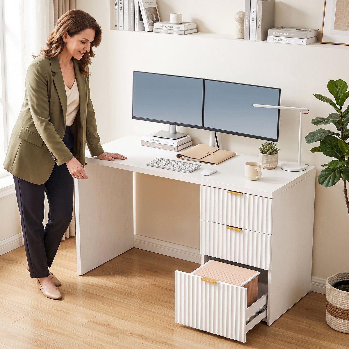 Computer Desk with 3 Drawers, 120 cm Reversible Home Office Desk with Storage, Thick Top, Modern Study Table with File Drawer for A4 and Letter Size, Bedroom, Studio, White