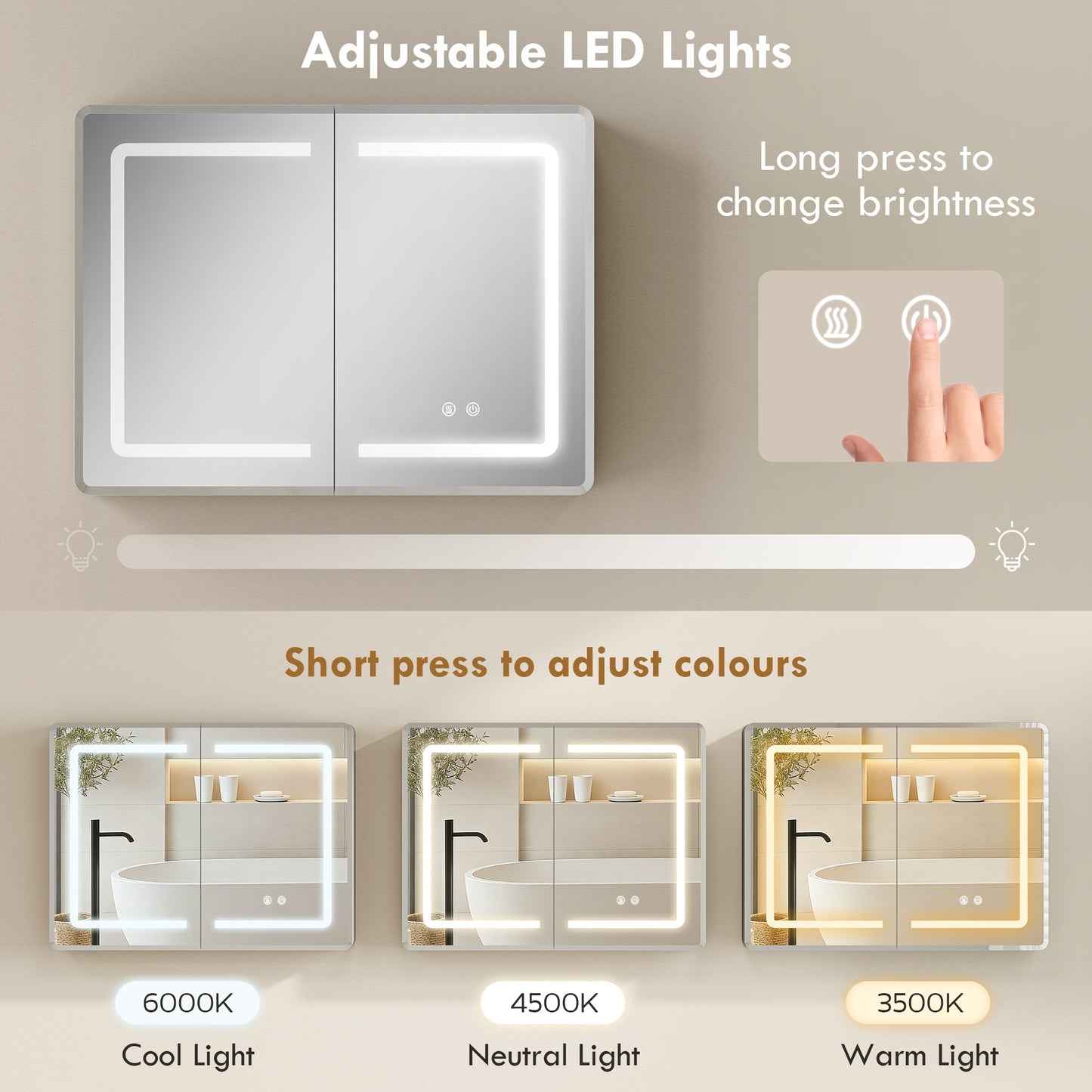 Bathroom Mirror Cabinet with LED Lights and Double-Sided Mirrors, 600 x 800 mm Aluminium Wall Mounted Bathroom Cabinet with Anti-Fog, 3 Colour Dimmable Lighting, Adjustable Shelves