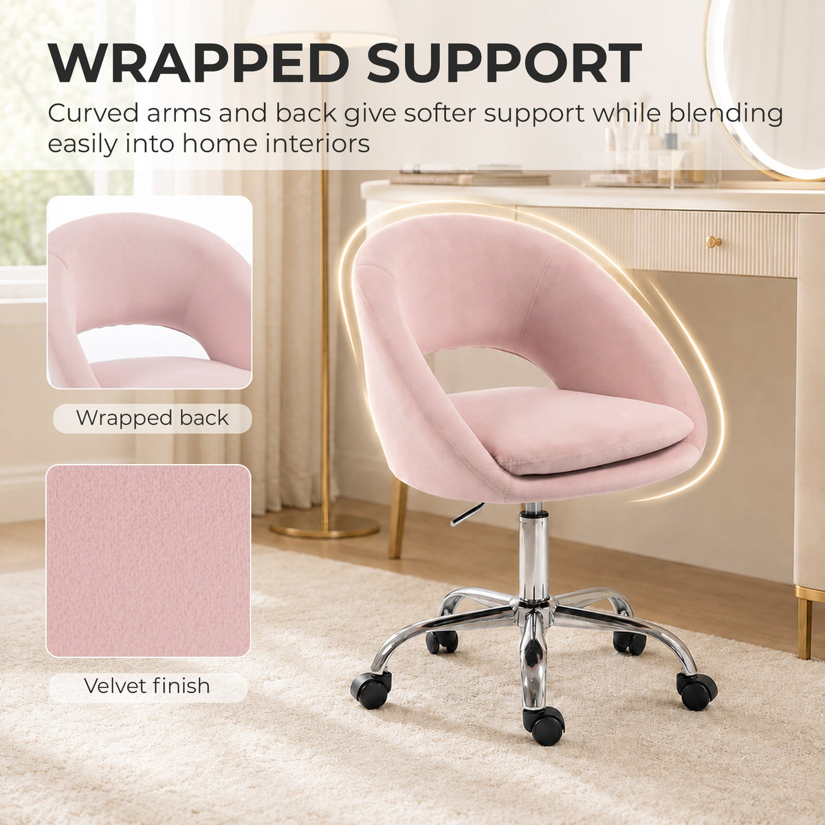 Modern Office Chair, Velvet Desk Chair with Swivel Seat, Height-Adjustable, with Wheels, for Home Study, Bedroom, Pink