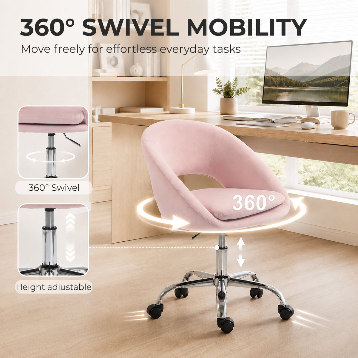 Modern Office Chair, Velvet Desk Chair with Swivel Seat, Height-Adjustable, with Wheels, for Home Study, Bedroom, Pink
