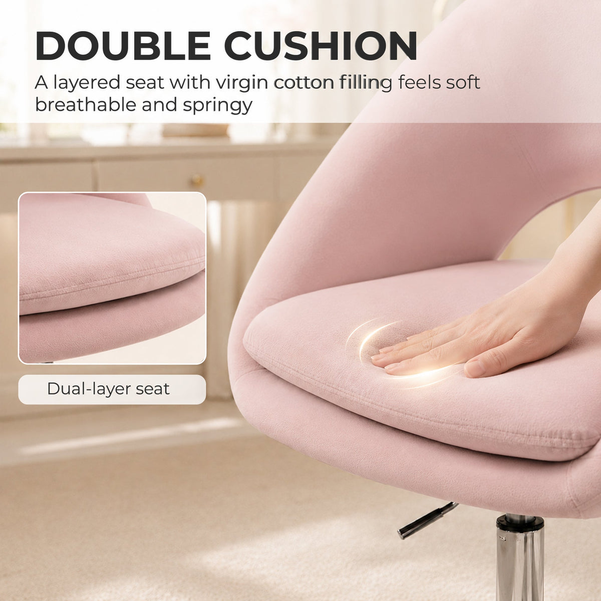 Modern Office Chair, Velvet Desk Chair with Swivel Seat, Height-Adjustable, with Wheels, for Home Study, Bedroom, Pink