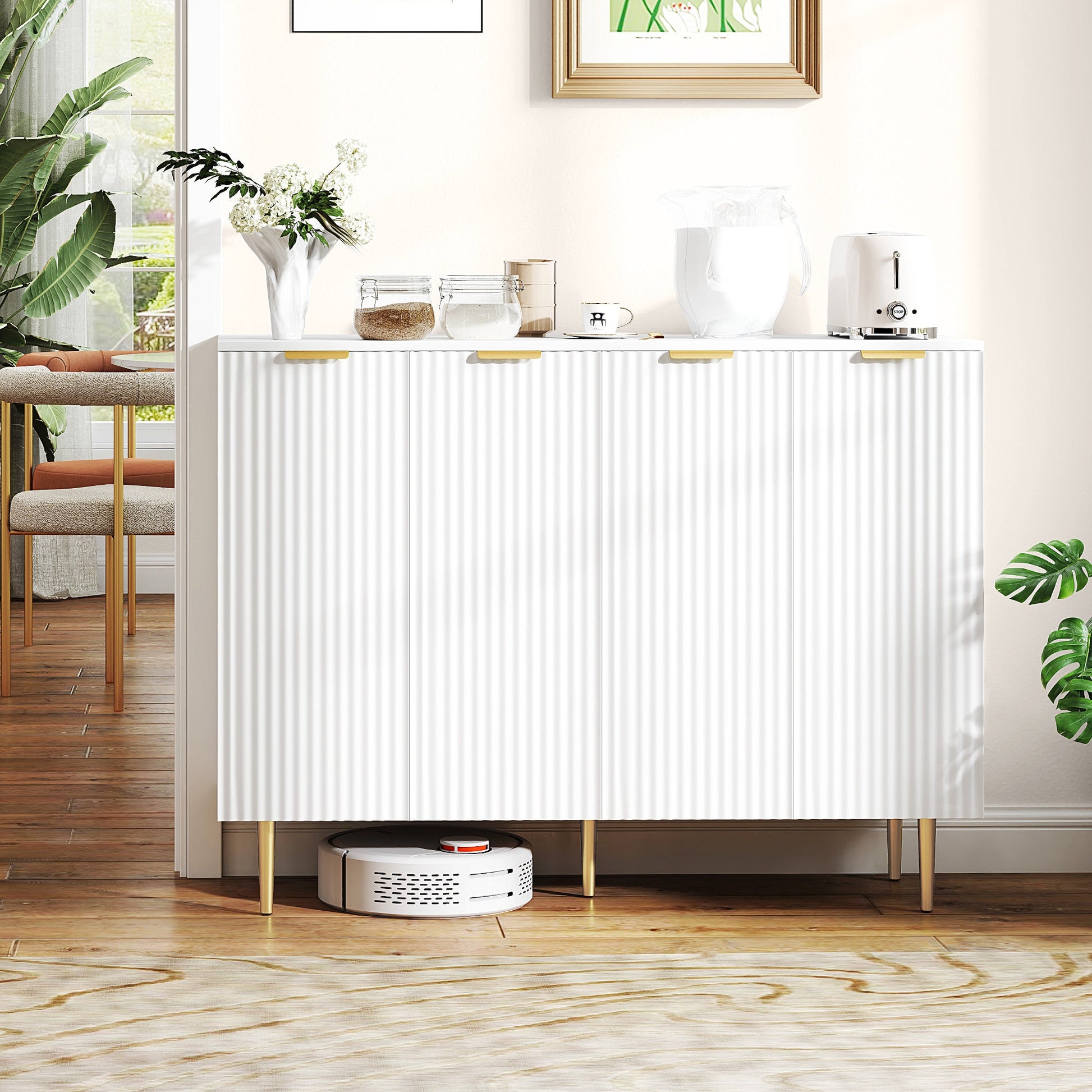 Sideboard Buffet Cabinet, Modern Kitchen Storage Cabinet with 4 Doors and Adjustable Shelves, Living Room Cabinet with Metal Legs for Hallway, White
