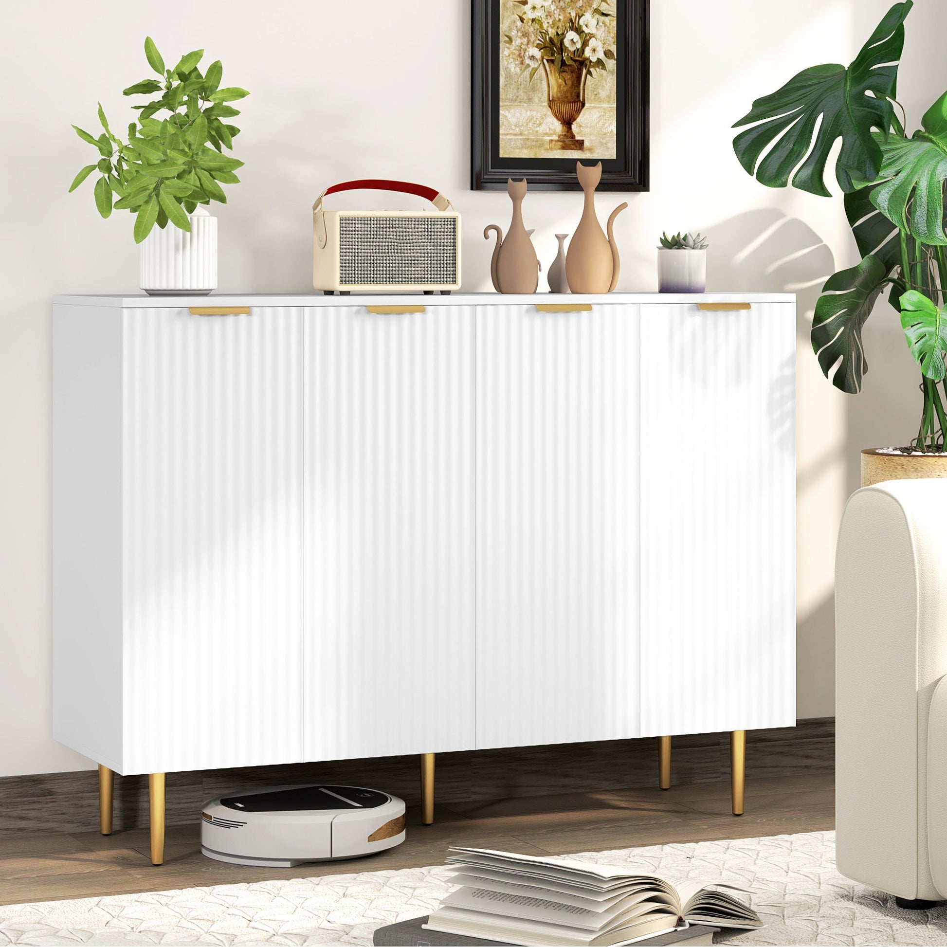Sideboard Buffet Cabinet, Modern Kitchen Storage Cabinet with 4 Doors and Adjustable Shelves, Living Room Cabinet with Metal Legs for Hallway, White