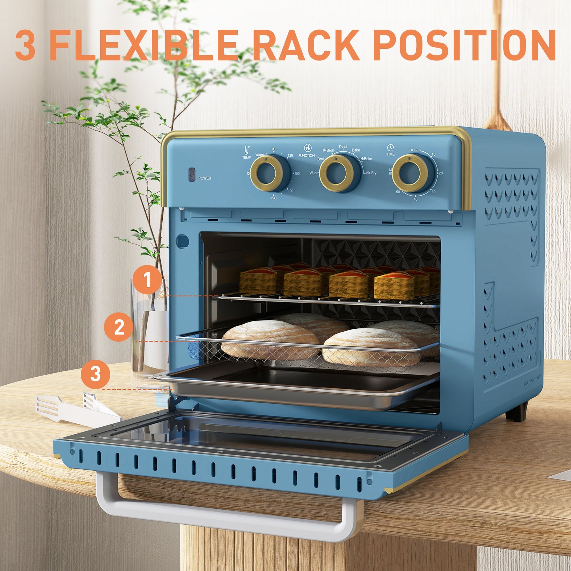 HOMCOM 20L Countertop Mini Oven, 7-in-1 Toaster Oven with Warm, Broil, Toast, Bake, Air Fryer Setting, Timer, Adjustable Thermostat, 4 Dishwasher Safe Accessories, 1400W, Blue
