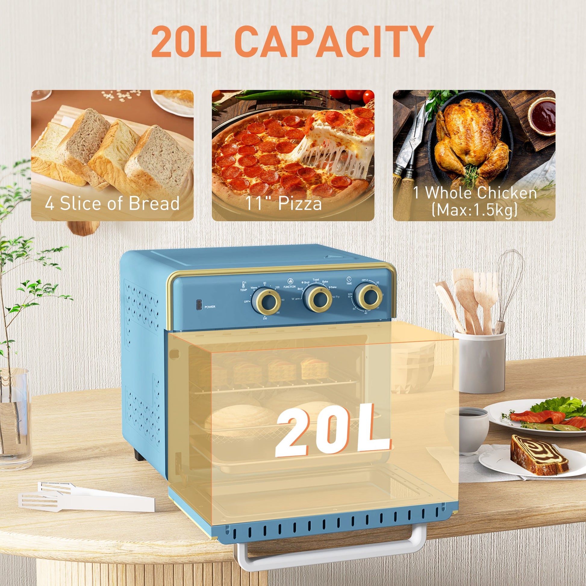 HOMCOM 20L Countertop Mini Oven, 7-in-1 Toaster Oven with Warm, Broil, Toast, Bake, Air Fryer Setting, Timer, Adjustable Thermostat, 4 Dishwasher Safe Accessories, 1400W, Blue