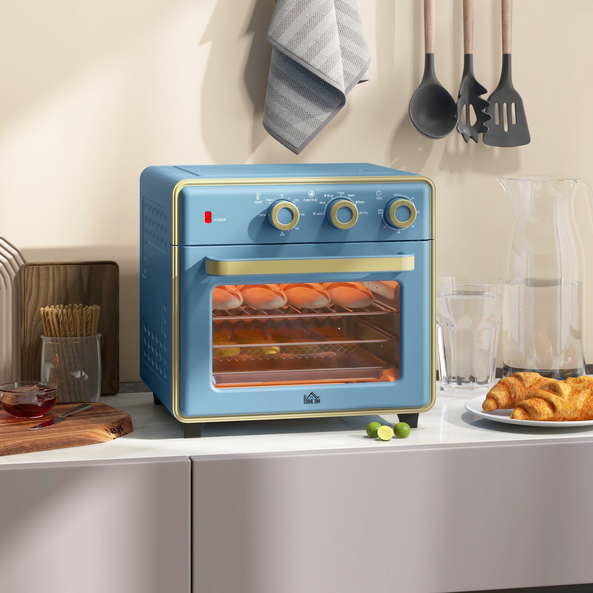 HOMCOM 20L Countertop Mini Oven, 7-in-1 Toaster Oven with Warm, Broil, Toast, Bake, Air Fryer Setting, Timer, Adjustable Thermostat, 4 Dishwasher Safe Accessories, 1400W, Blue