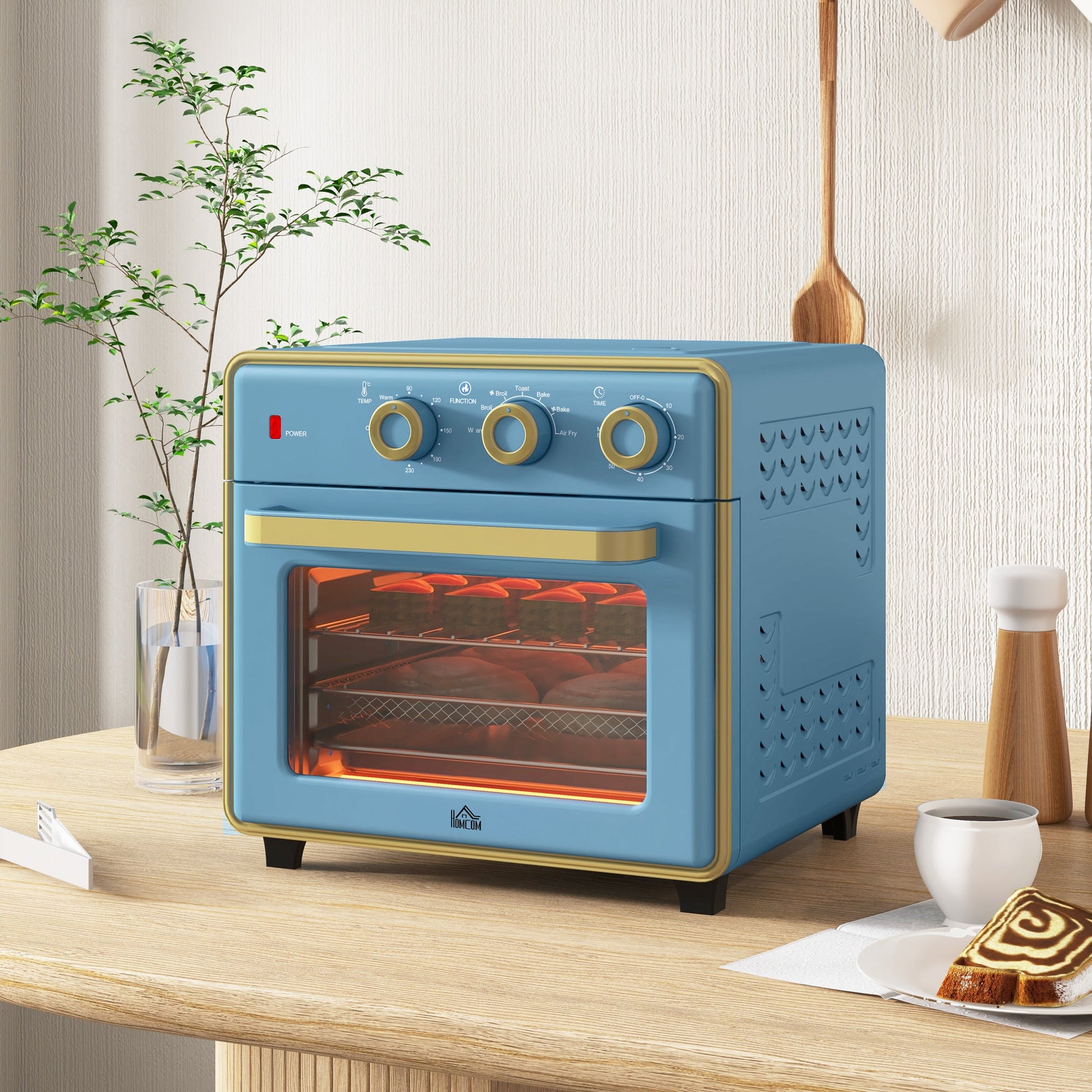 HOMCOM 20L Countertop Mini Oven, 7-in-1 Toaster Oven with Warm, Broil, Toast, Bake, Air Fryer Setting, Timer, Adjustable Thermostat, 4 Dishwasher Safe Accessories, 1400W, Blue