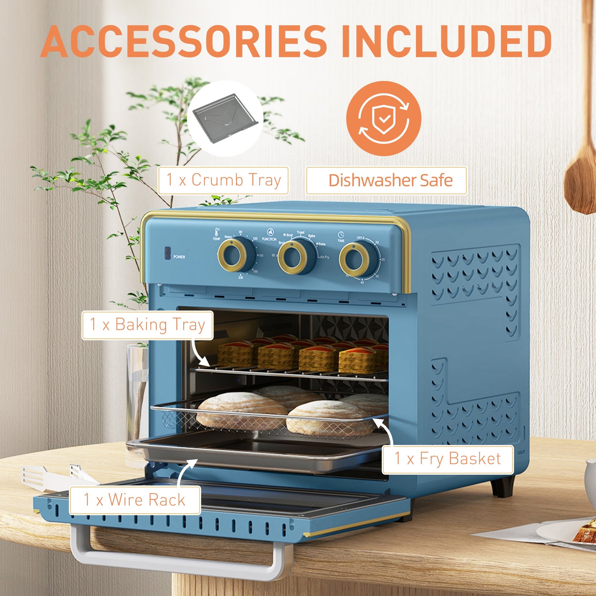 HOMCOM 20L Countertop Mini Oven, 7-in-1 Toaster Oven with Warm, Broil, Toast, Bake, Air Fryer Setting, Timer, Adjustable Thermostat, 4 Dishwasher Safe Accessories, 1400W, Blue