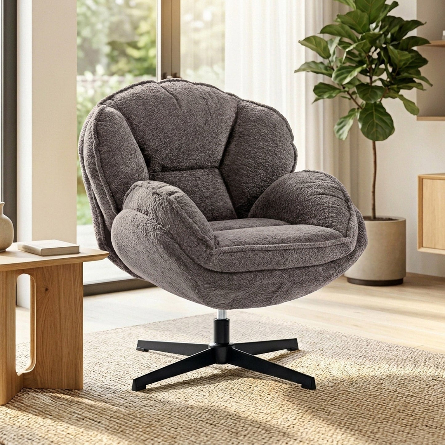 Modern Wingback Accent Chair, Velvet Armchair with 360° Swivel, Four-Star Base, S-Springs, Bedroom Chair for Living Room, Bedroom, Study, Grey