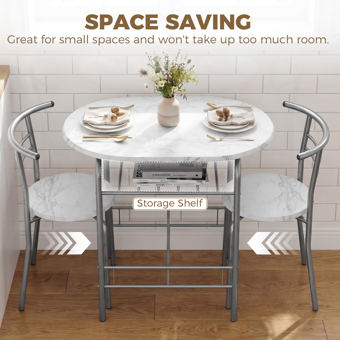 Dining Table and Chairs Set 3, Breakfast Bar Table and 2 Chairs with Storage Shelf, Marble-Effect Tabletop, Metal Frame, Dining Room Set for Living Room, Small Space, White