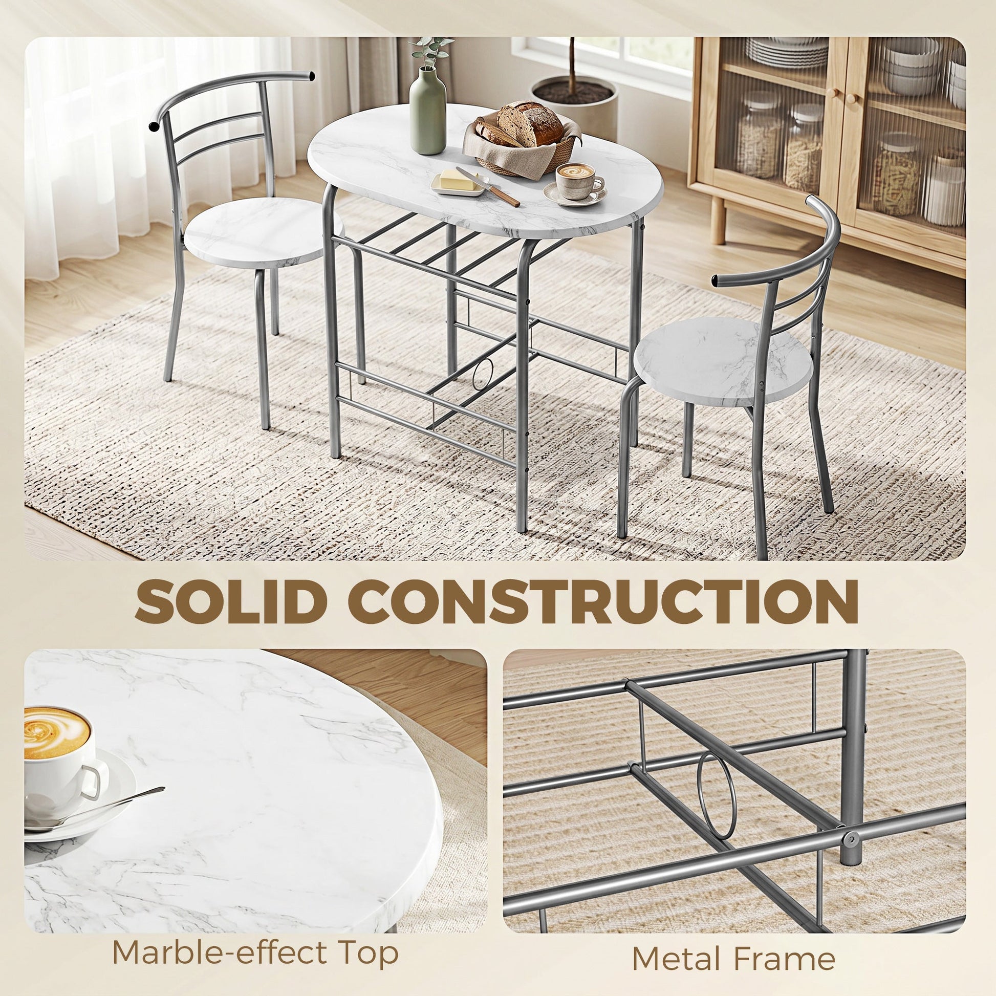 Dining Table and Chairs Set 3, Breakfast Bar Table and 2 Chairs with Storage Shelf, Marble-Effect Tabletop, Metal Frame, Dining Room Set for Living Room, Small Space, White