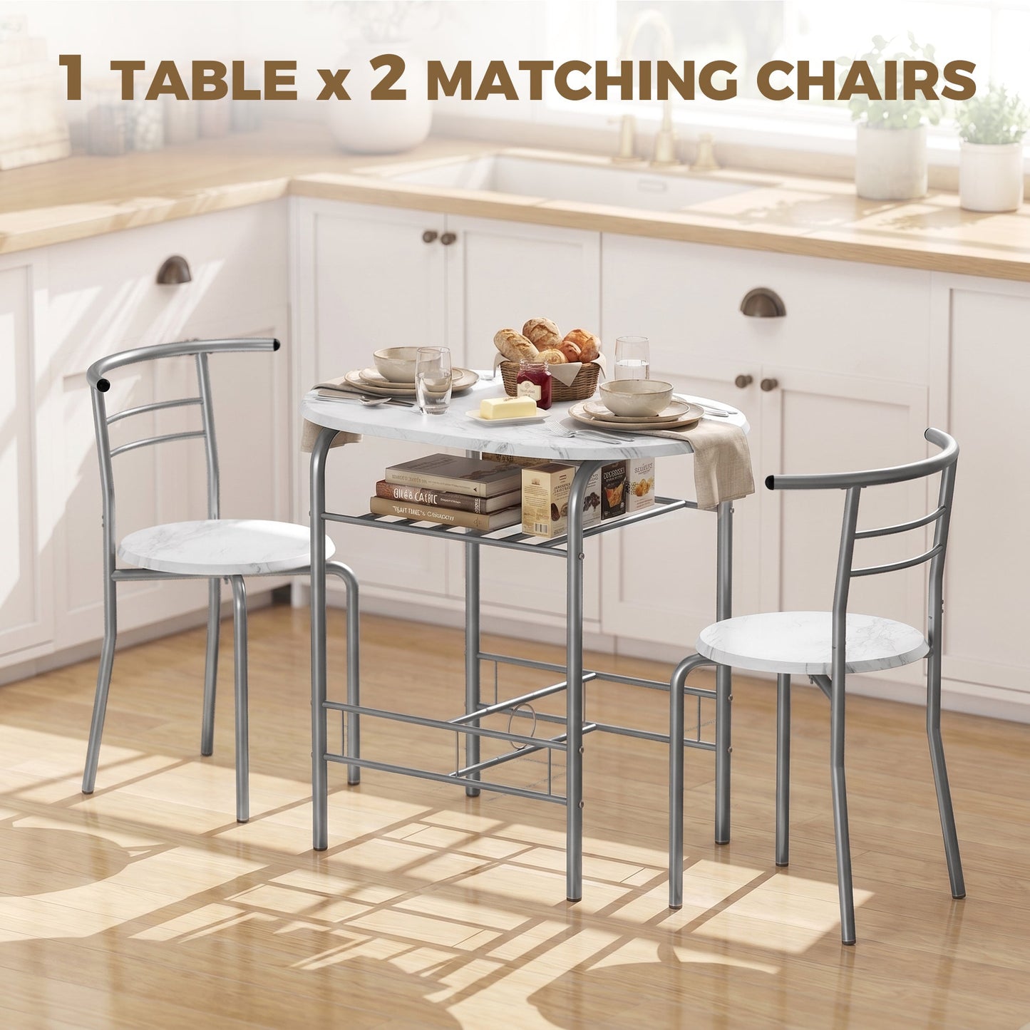 Dining Table and Chairs Set 3, Breakfast Bar Table and 2 Chairs with Storage Shelf, Marble-Effect Tabletop, Metal Frame, Dining Room Set for Living Room, Small Space, White