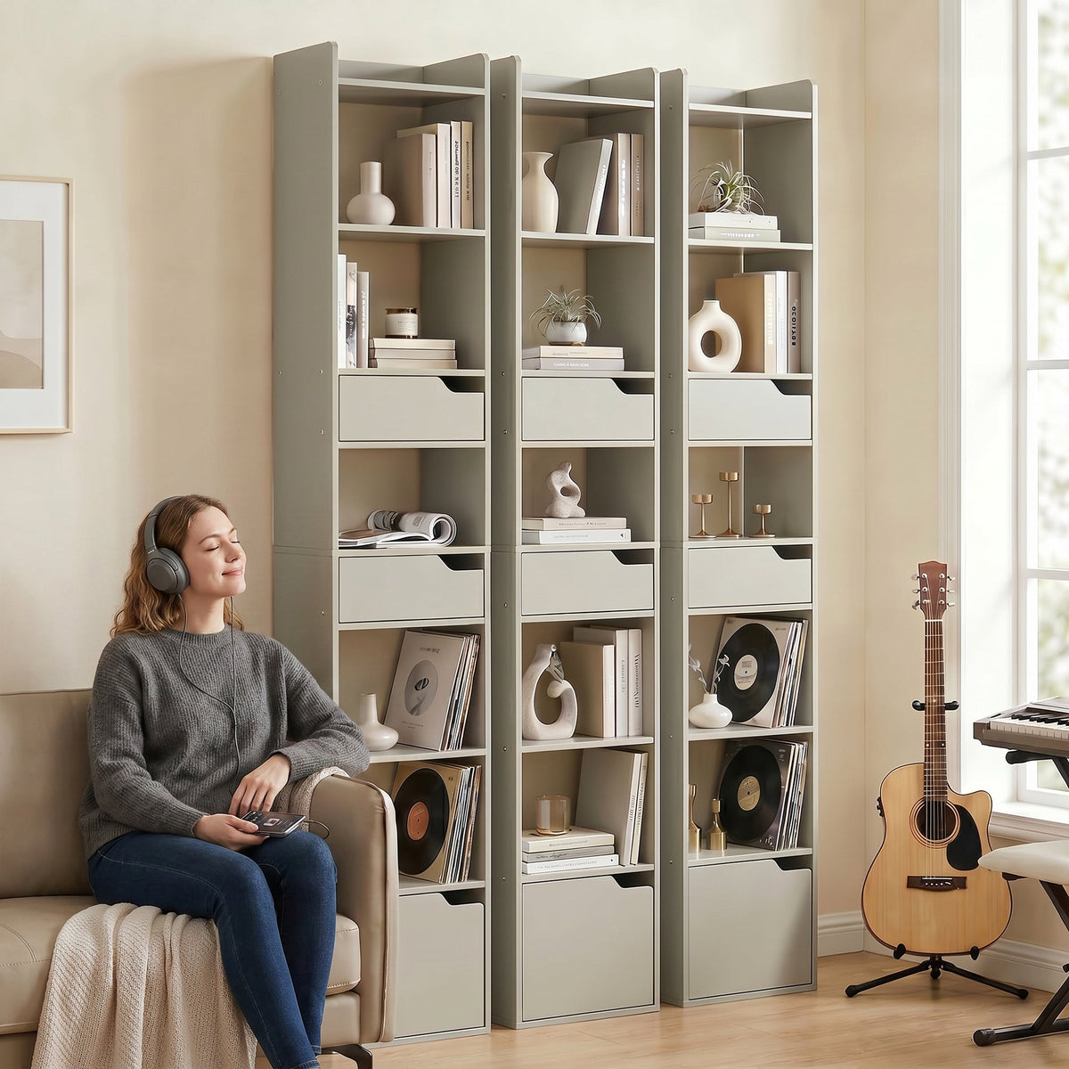 Bookcase with Drawers and Cabinet, 5-Tier Bookshelf, Narrow Tall Storage Cabinet with Anti-Tip for Living Room, Study, Home Office, Grey