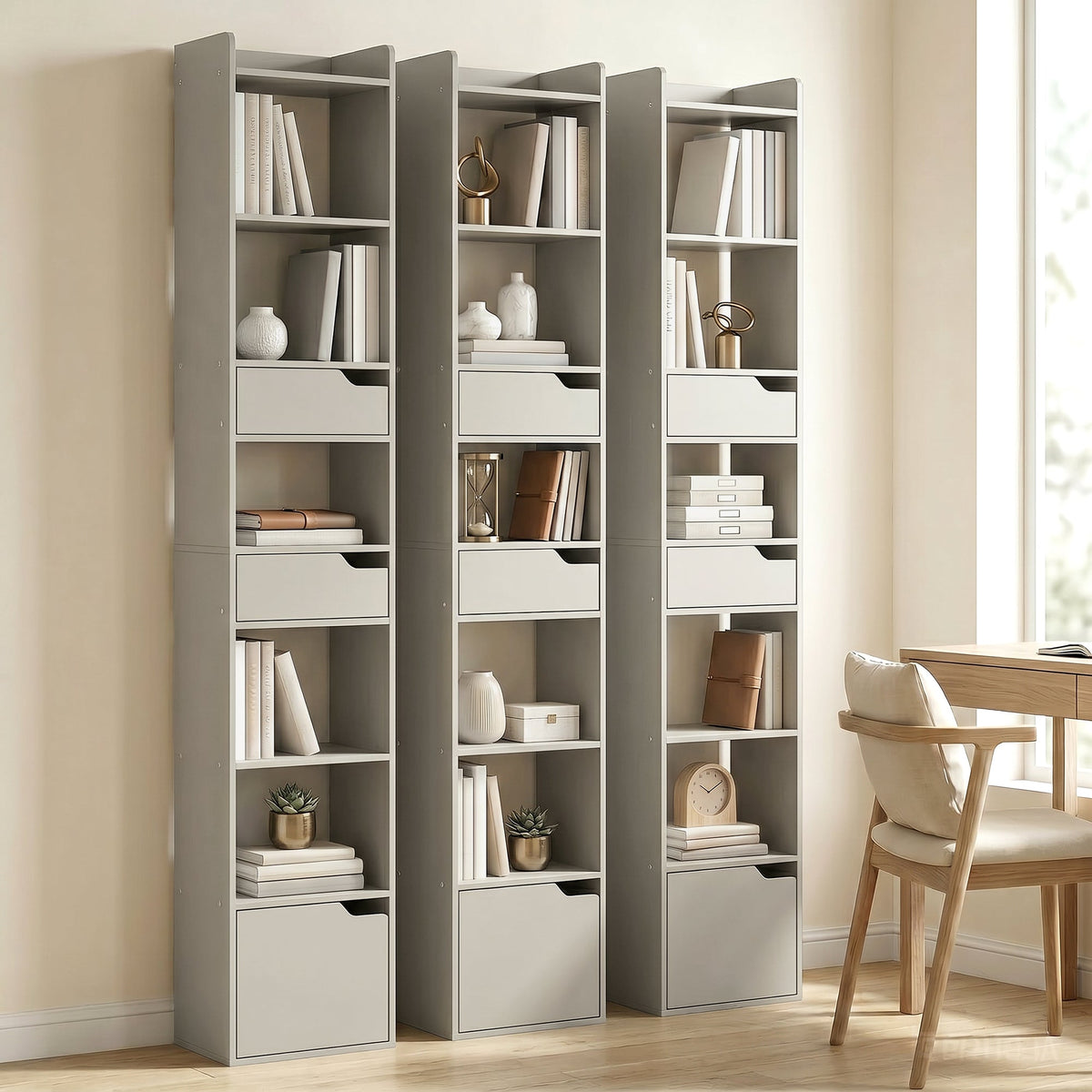 Bookcase with Drawers and Cabinet, 5-Tier Bookshelf, Narrow Tall Storage Cabinet with Anti-Tip for Living Room, Study, Home Office, Grey