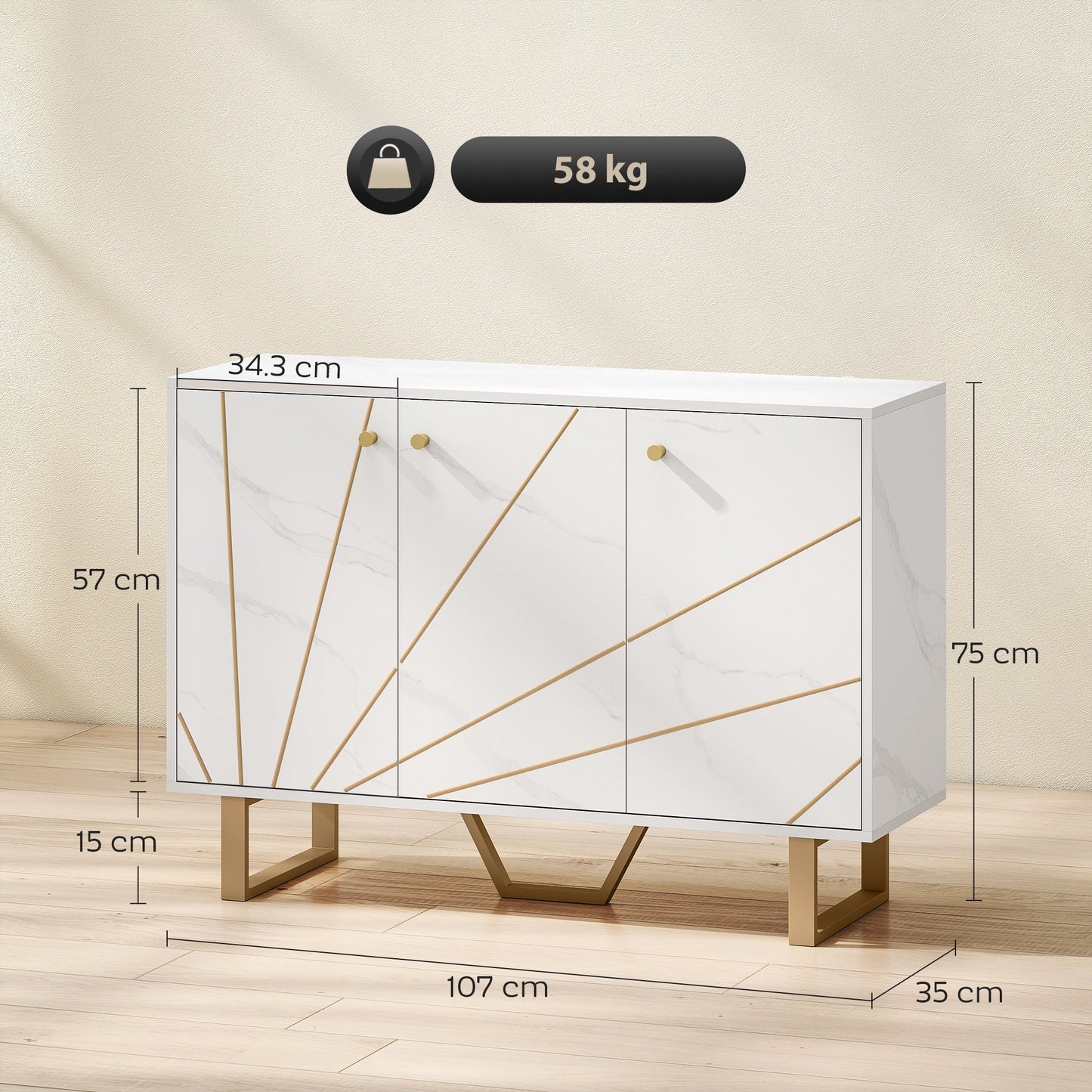 Sideboard Storage Cabinet, Modern Storage Cupboard with Adjustable Shelves and Metal Legs for Living Room, Kitchen, Dining Room, Entryway, White Marble Tone