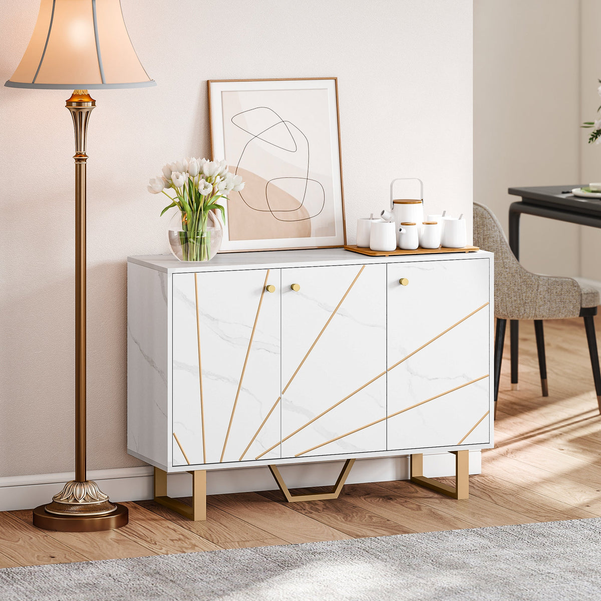 Sideboard Storage Cabinet, Modern Storage Cupboard with Adjustable Shelves and Metal Legs for Living Room, Kitchen, Dining Room, Entryway, White Marble Tone