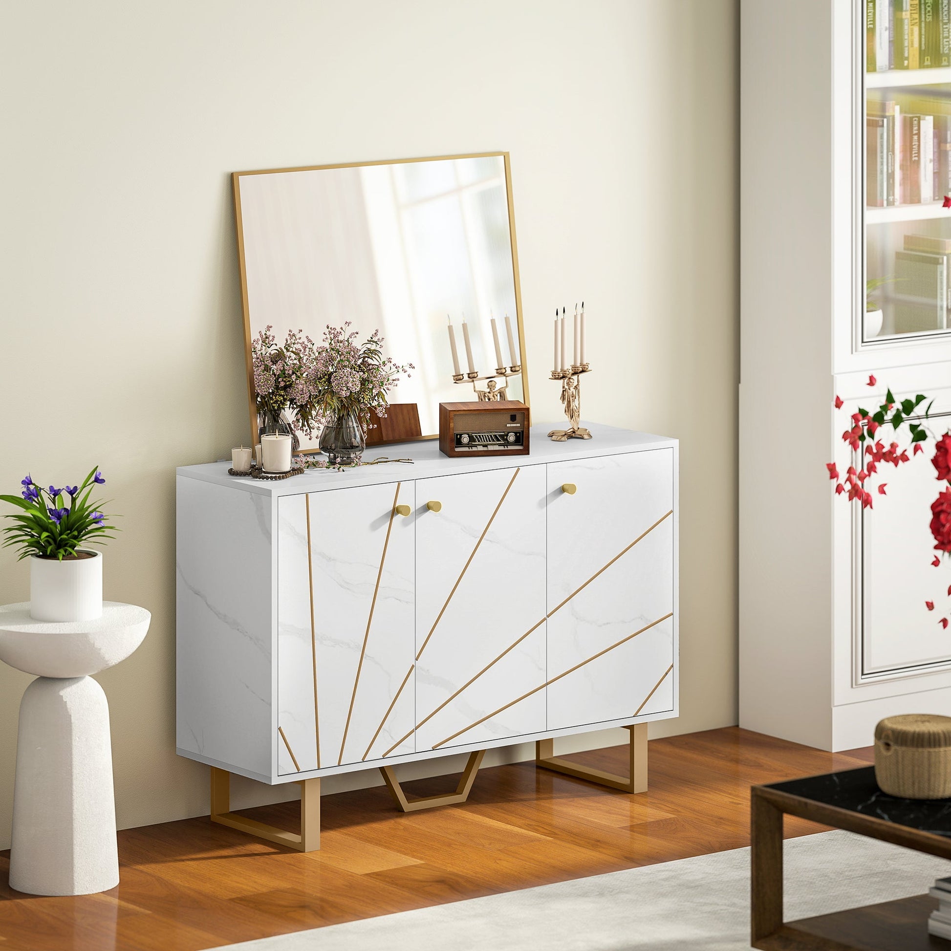 Sideboard Storage Cabinet, Modern Storage Cupboard with Adjustable Shelves and Metal Legs for Living Room, Kitchen, Dining Room, Entryway, White Marble Tone