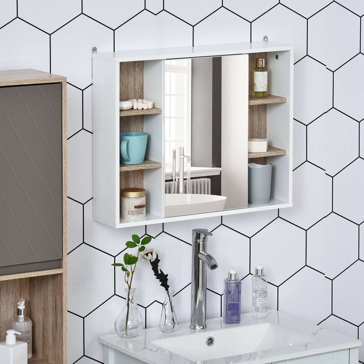 HOMCOM Bathroom Mirror Cabinet, Wall Mounted Storage Cabinet with Open Cupboard and Adjustable Shelf, White