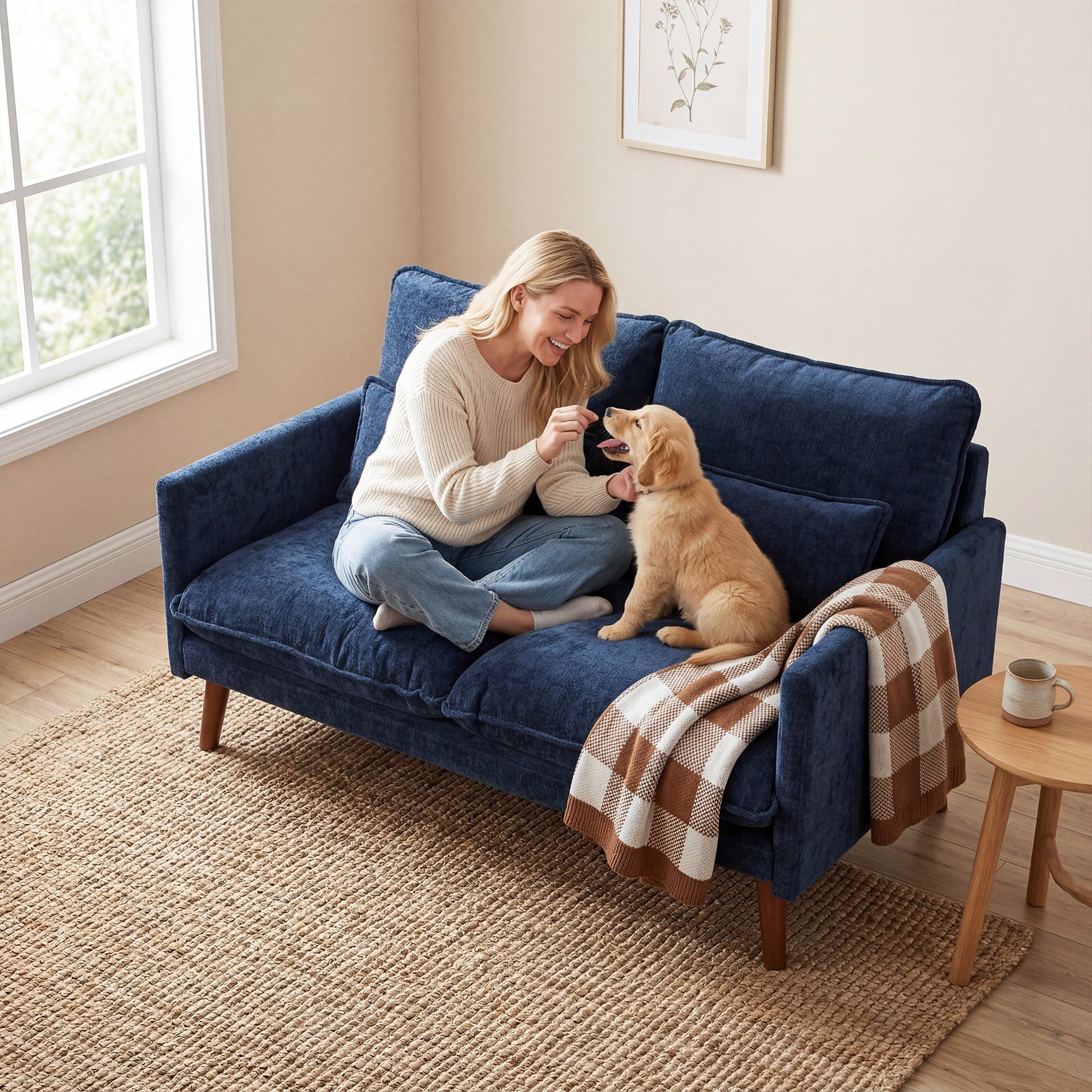 2 Seater Sofa, 131cm Velvet-Feel Fabric Loveseat Sofa with Spring Cushions, Wide and Deep Seat, Wood Legs, 2 Pillows, Modern Couch Settee for Small Space, Living Room, Bedroom, Office, Blue