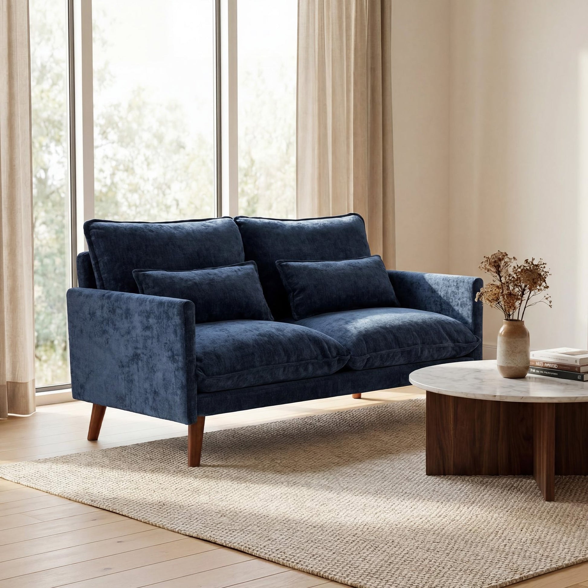 2 Seater Sofa, 131cm Velvet-Feel Fabric Loveseat Sofa with Spring Cushions, Wide and Deep Seat, Wood Legs, 2 Pillows, Modern Couch Settee for Small Space, Living Room, Bedroom, Office, Blue