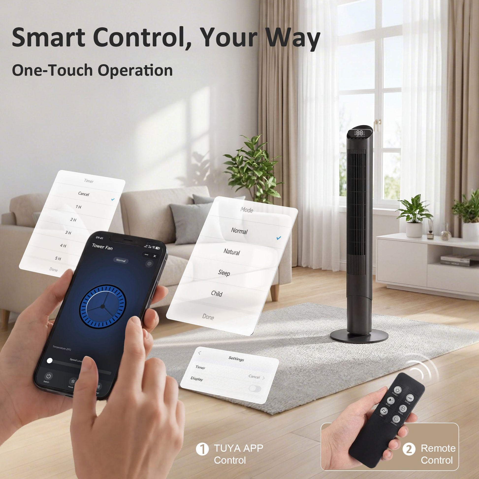 101.8 cm Tower Fan for Cooling, Standing Floor Cooling Fan with WiFi App, 6 Speeds and 4 Modes, 65° Oscillating, 12H Timer and Remote Control for Bedroom, Office, Black