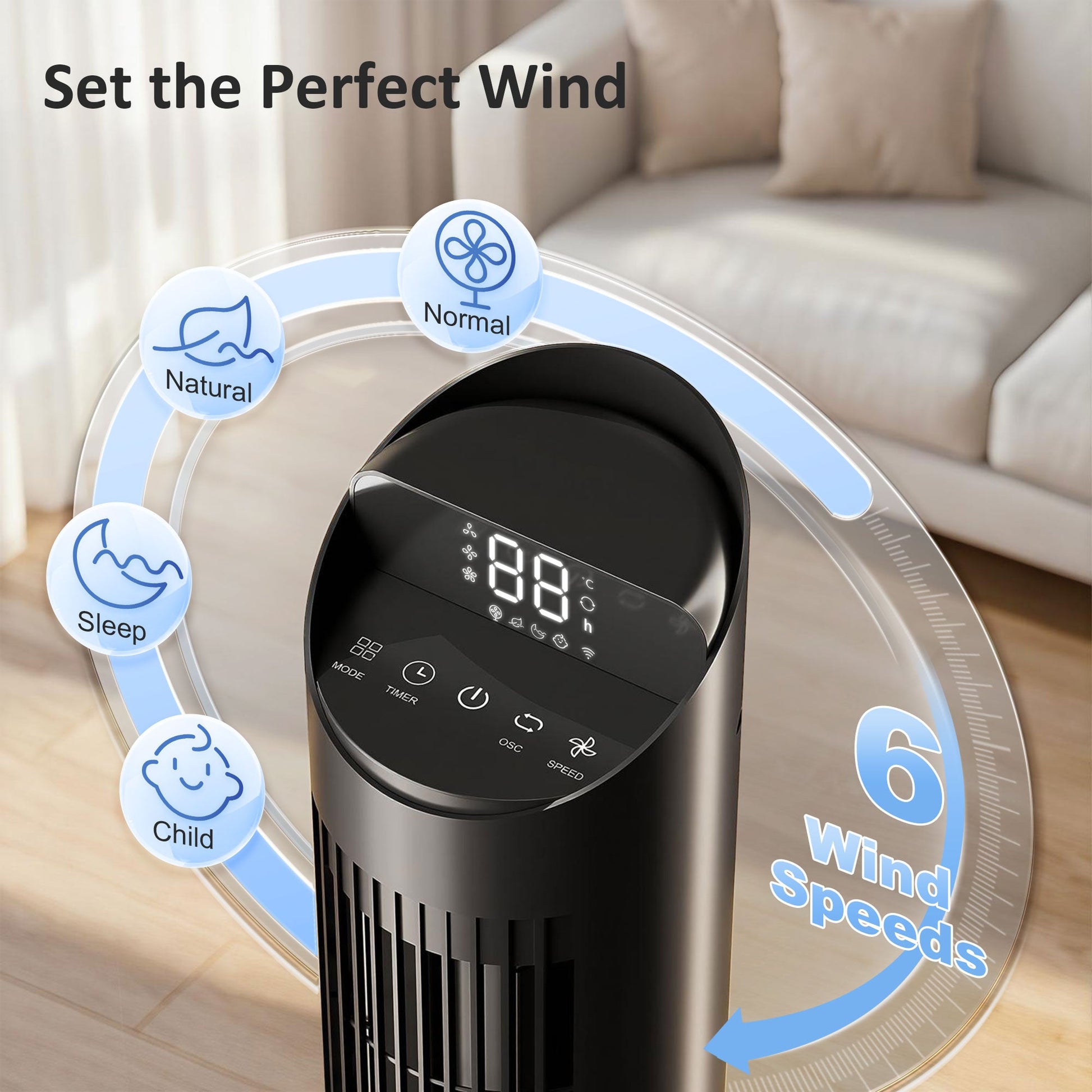 101.8 cm Tower Fan for Cooling, Standing Floor Cooling Fan with WiFi App, 6 Speeds and 4 Modes, 65° Oscillating, 12H Timer and Remote Control for Bedroom, Office, Black