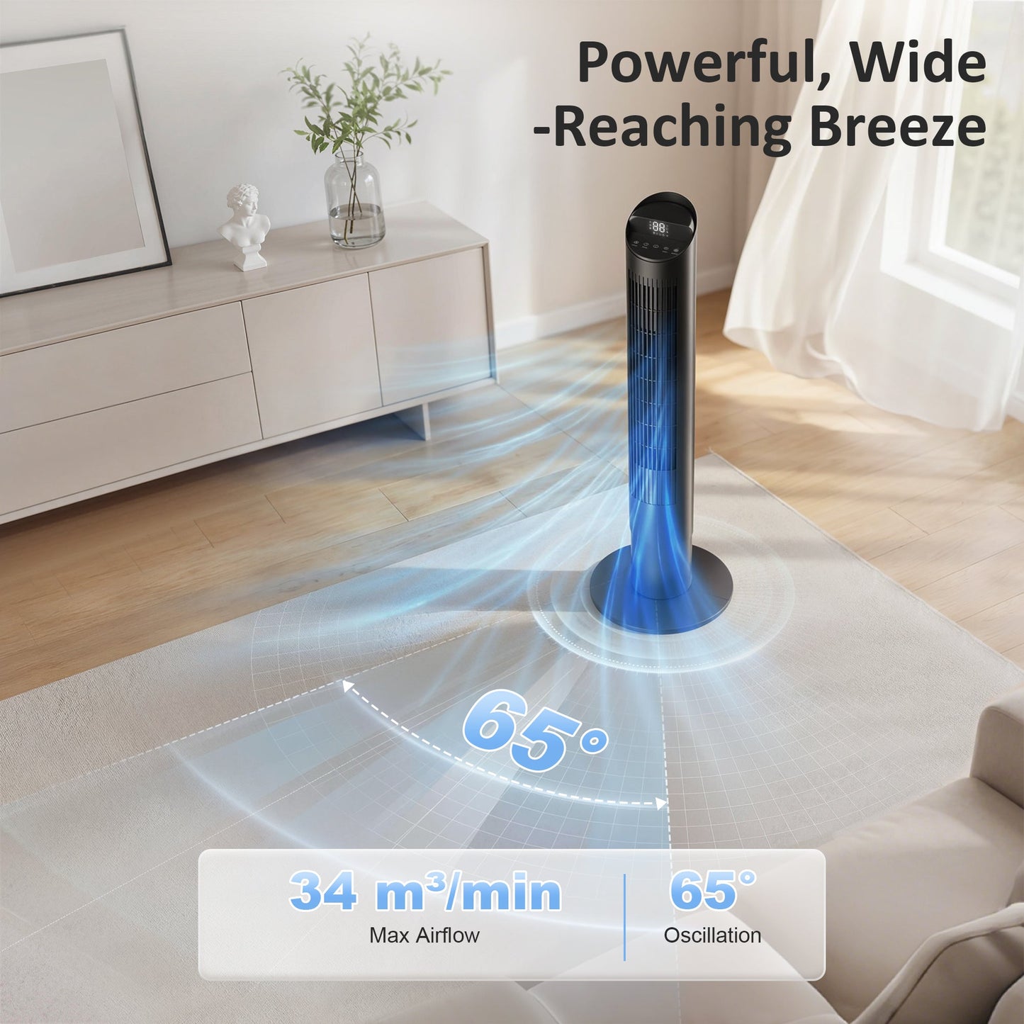 101.8 cm Tower Fan for Cooling, Standing Floor Cooling Fan with WiFi App, 6 Speeds and 4 Modes, 65° Oscillating, 12H Timer and Remote Control for Bedroom, Office, Black